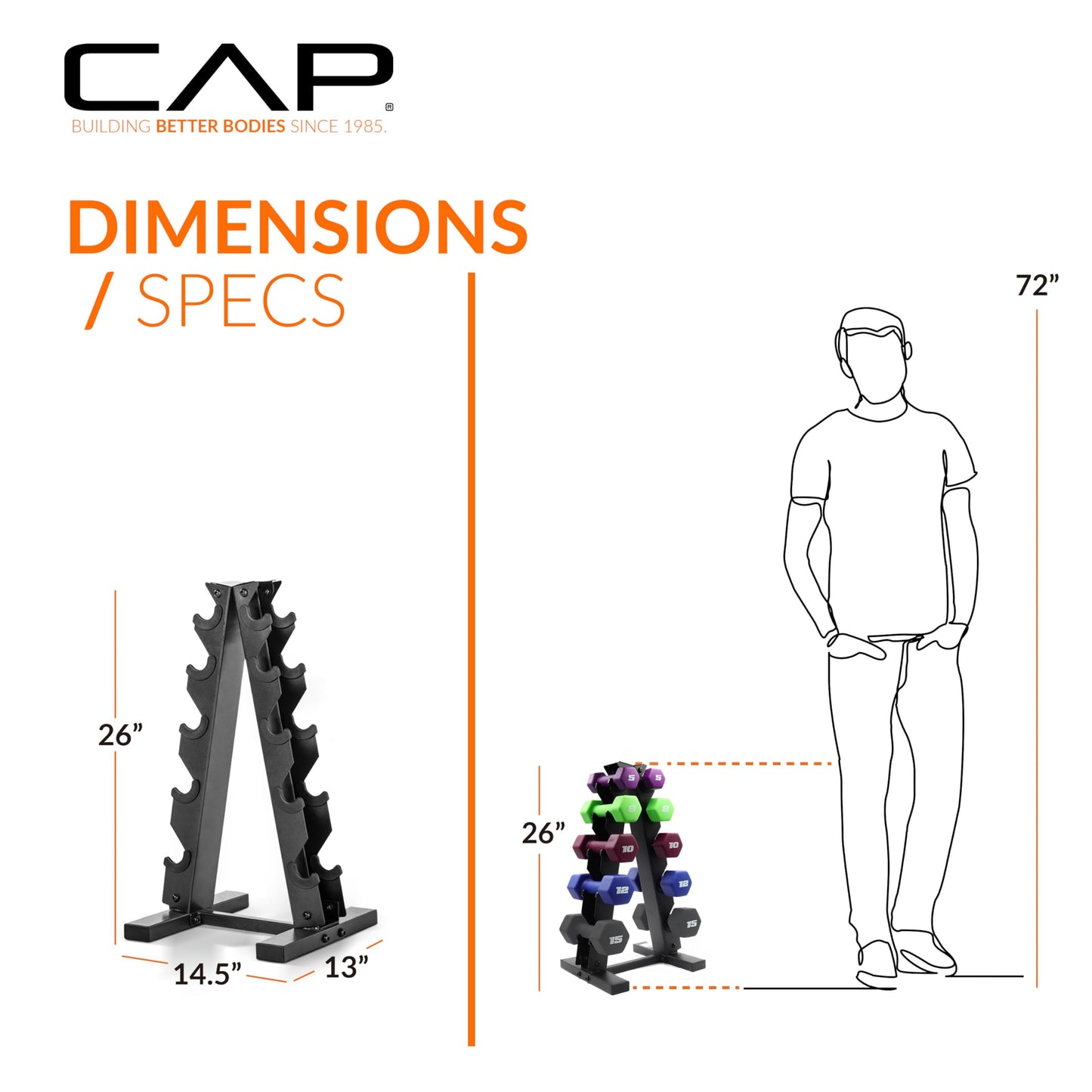 CAP Barbell 100 LB Set of Neoprene Dumbbells with Rack Color Series | 5, 8, 10, 12 and 15 LB pairs