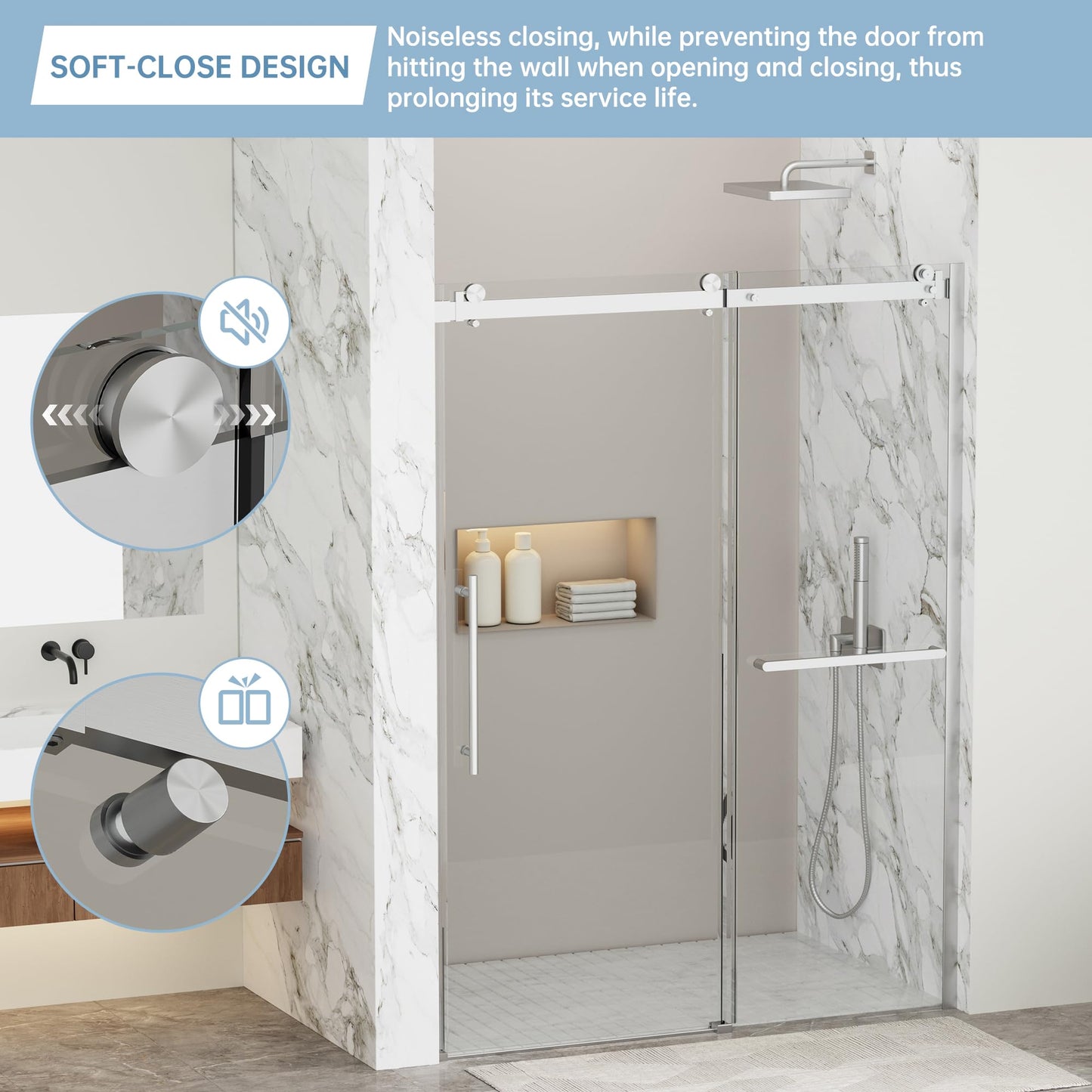 Findepot 44-48" W x 75" H Frameless Sliding Shower Door, Shower Glass Door with 1/4" Thick Tempered Glass, Explosion-Proof Film, Easy to Clean,Brushed Nickel