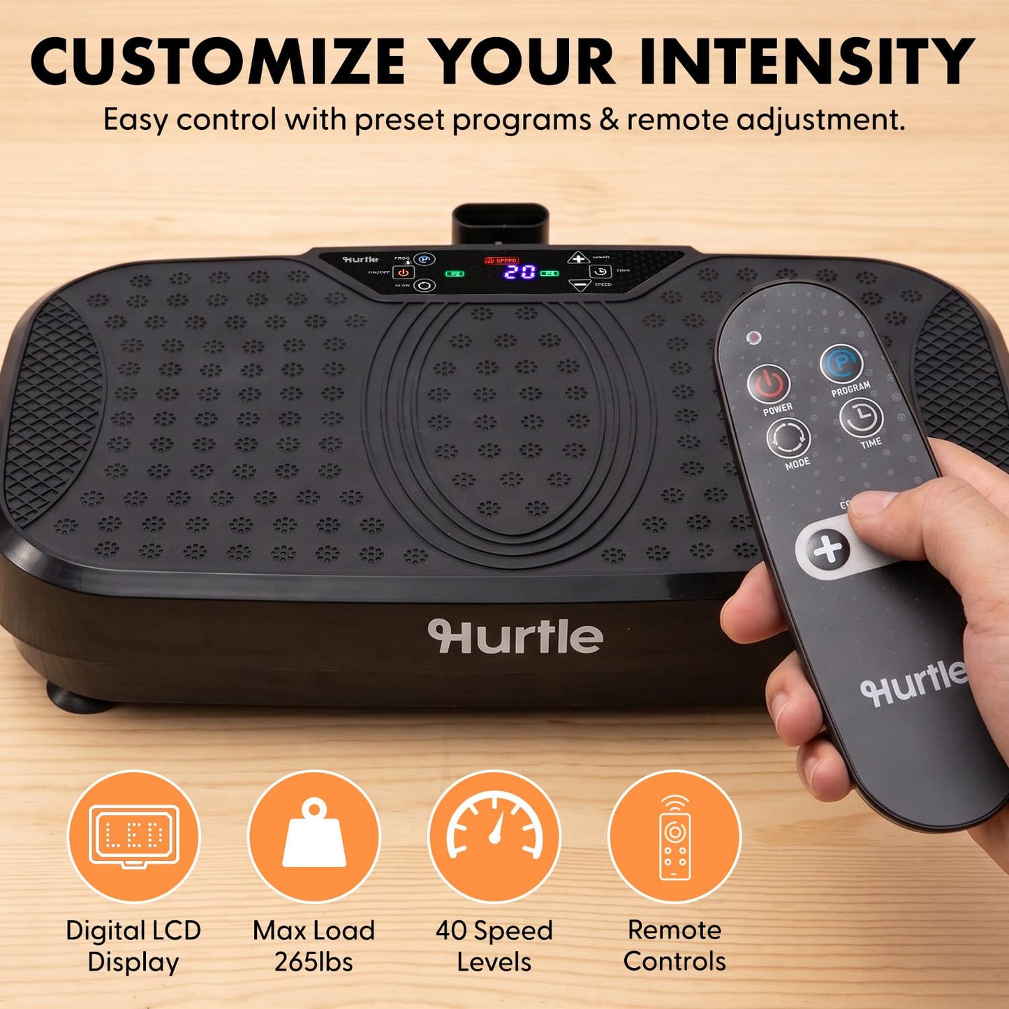 Hurtle Vibration Plate Exercise Machine with Handlebar, Vibration Plate with Handles for Low-Impact Home Fitness, 1-99 Speed Levels, 10 Preset Programs, Remote Control, Quiet Workout Platform, Black