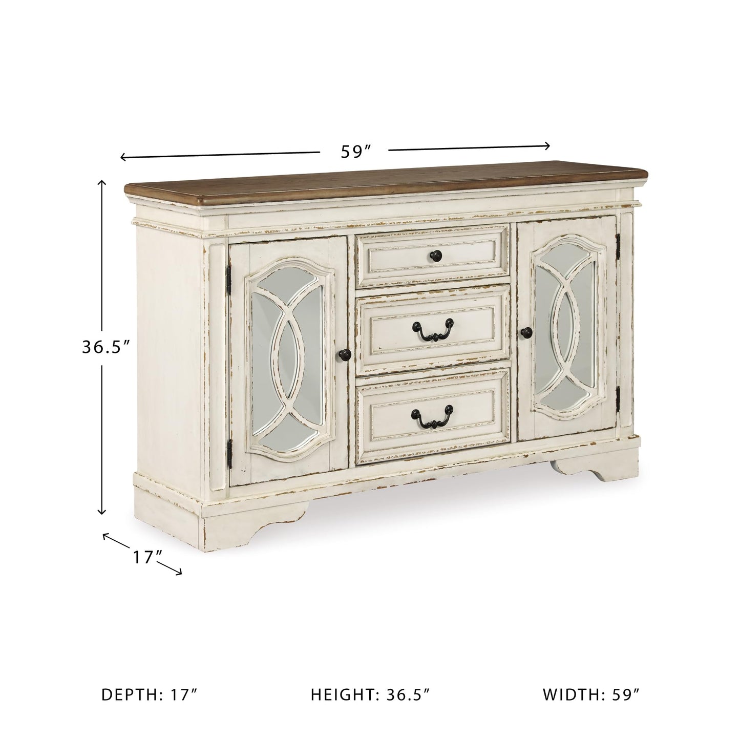 Signature Design by Ashley Realyn French Country Distressed Dining Room Server, 3 Drawers, 2 Cabinet Doors, Wood, 59" W x 17" D x 36.5" H, Chipped White