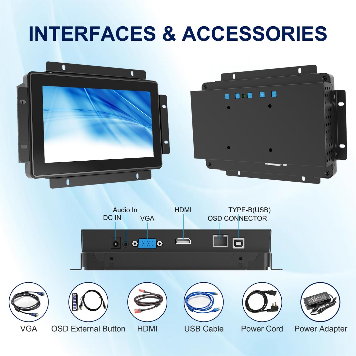 Bosunre 7 Inch Open Frame Touch Screen Monitor, 10-Point Capacitive Touch Display, 1024x600 Resolution, IP65 Industrial Monitor, Black Metal Housing, Open Bracket Mount for HMI Control Panels