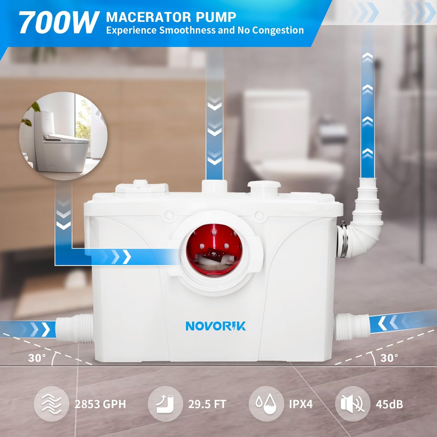 NOVORIK 700W Macerator Pump, Macerating Toilet System Pump, Sink Pump for Basement Upflush System Kitchen, Sink, Shower, Bathtub, Laundry Waste Water Disposal (700W)