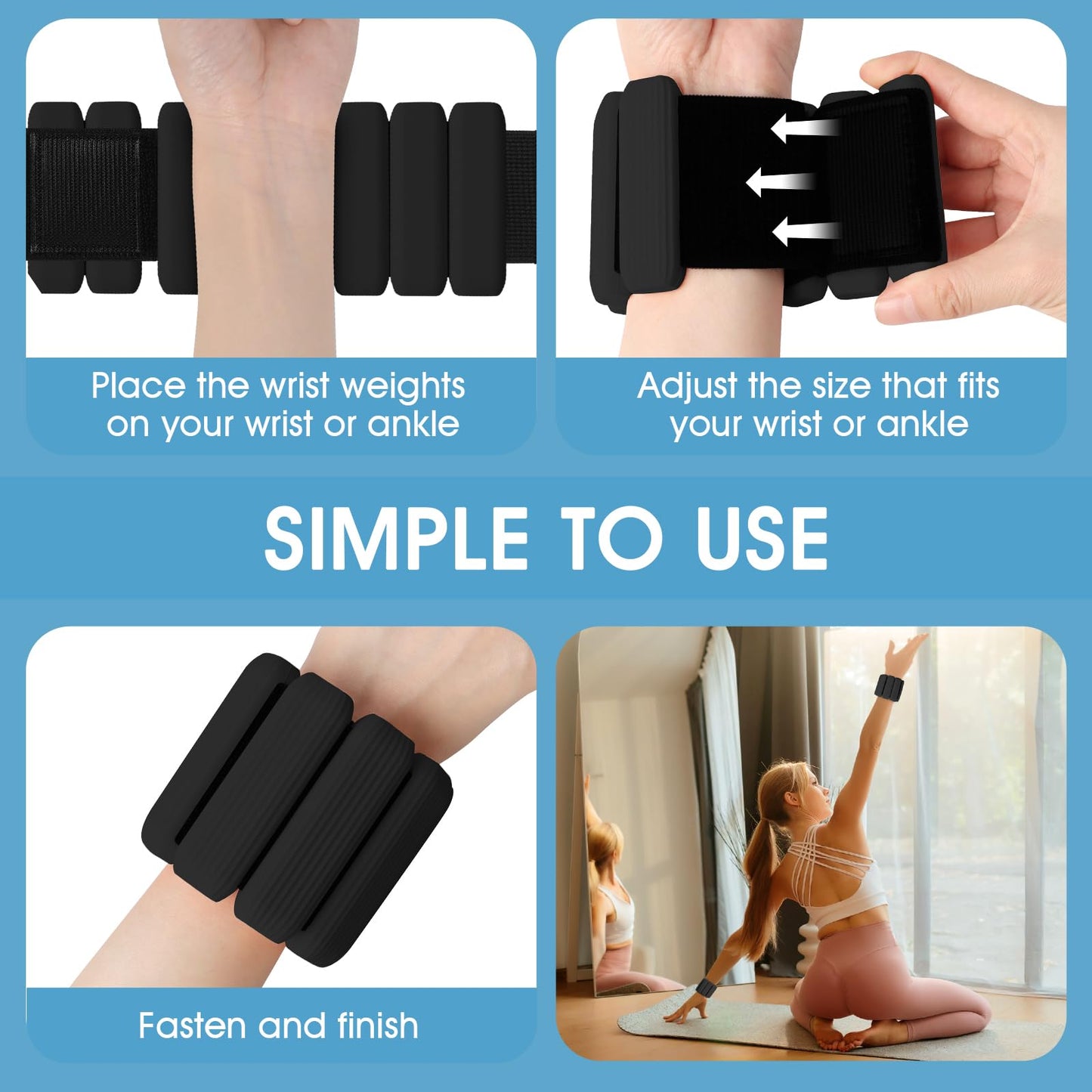 MESUADESI Wrist Weights Set of 2, Wearable Wrist Ankle Weights for Women & Men, Silicone Weighted Bangles Adjustable Arm and Leg Weights for Walking Yoga Pilates Running Dance Gym 2lb（Black）