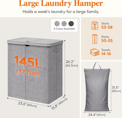 Lifewit 145L Large Laundry Basket - Foldable Hamper with Lid & Removable Bag | Light Gray
