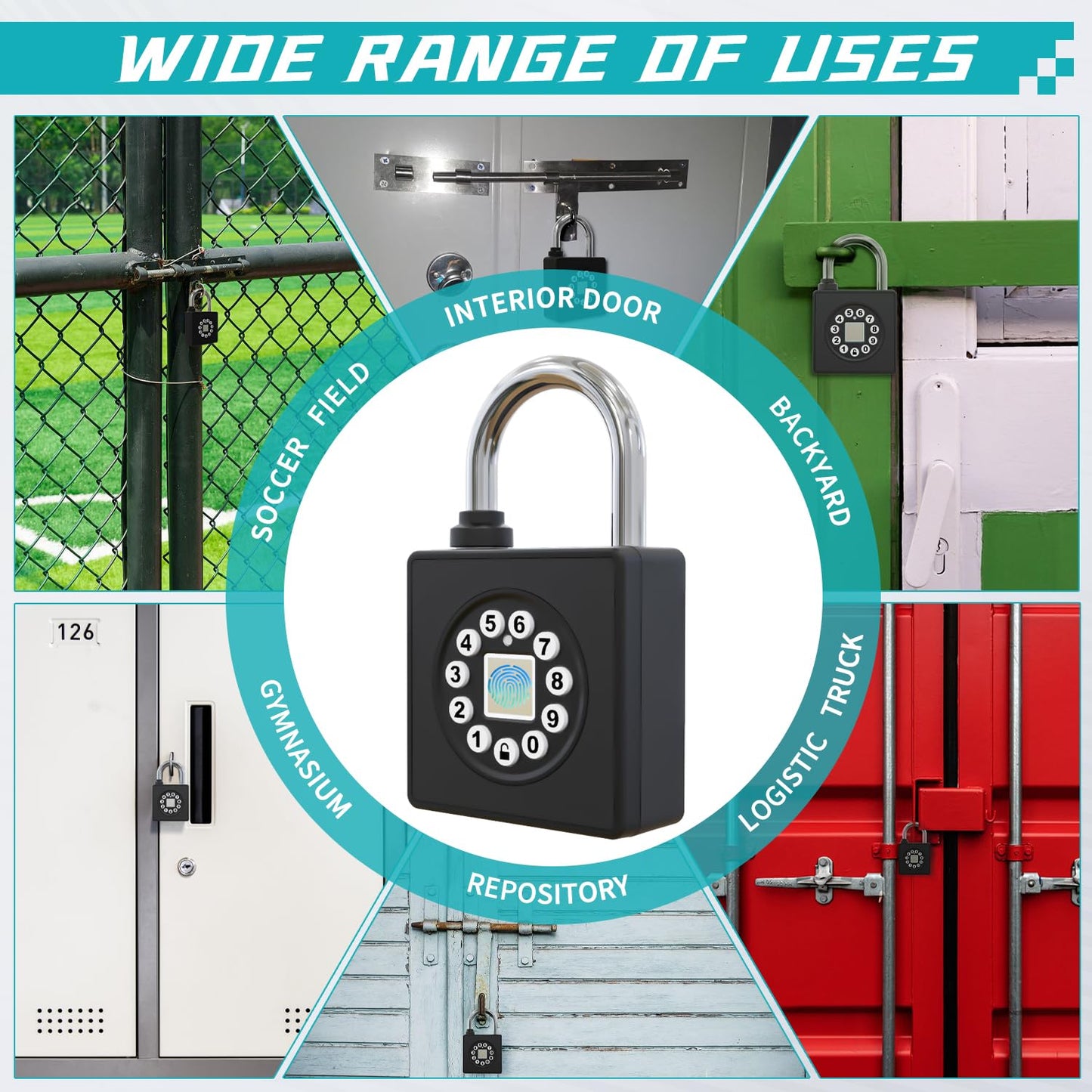 SFW Fingerprint Padlock with Key,Heavy Duty Combination Lock Locker,Water Resistance with Codes APP Access for Outdoor Fence Gate Pool Shed Gym Lock Storage