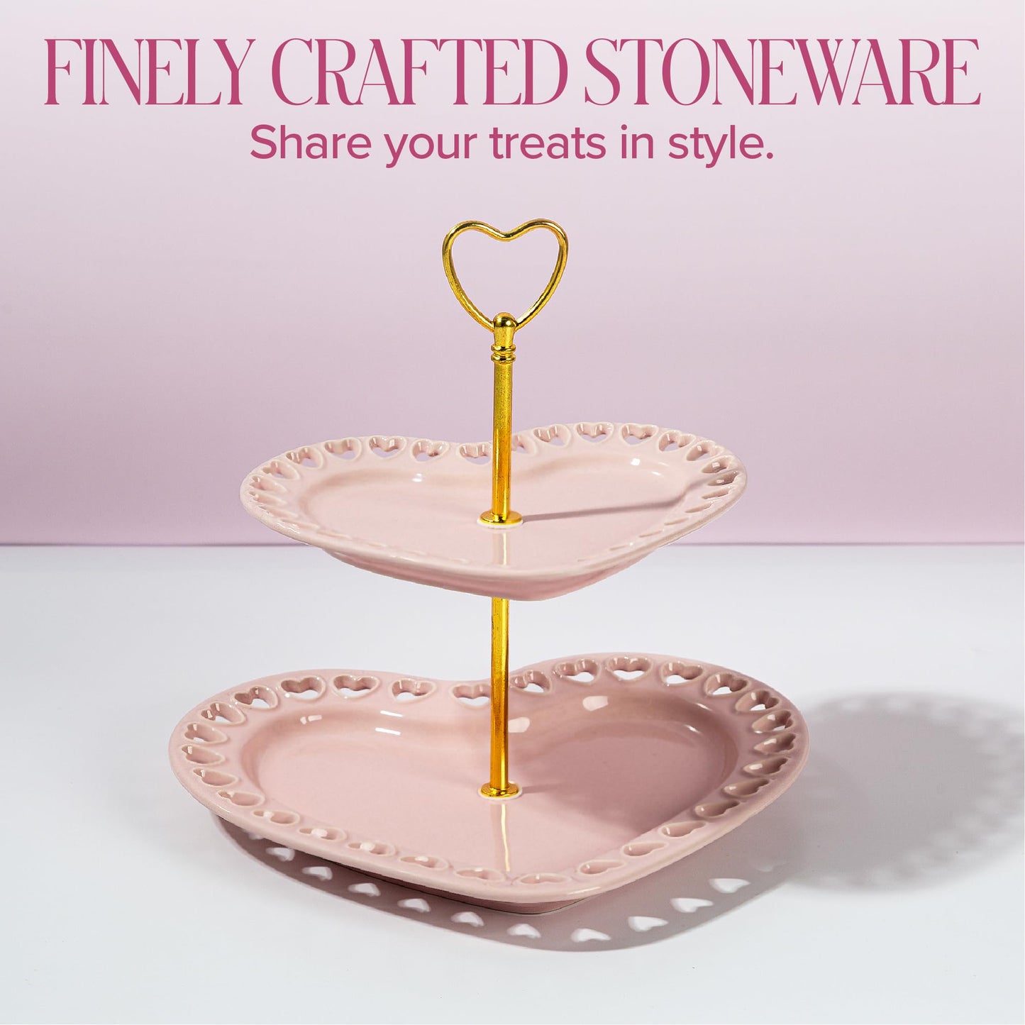 Paris Hilton 2-Tier Heart Serving Tray, Iconic Ceramic Stoneware with Metal Handle, Easy Assembly for Stylish Display, 9-Inch and 7-Inch Plates, Pink