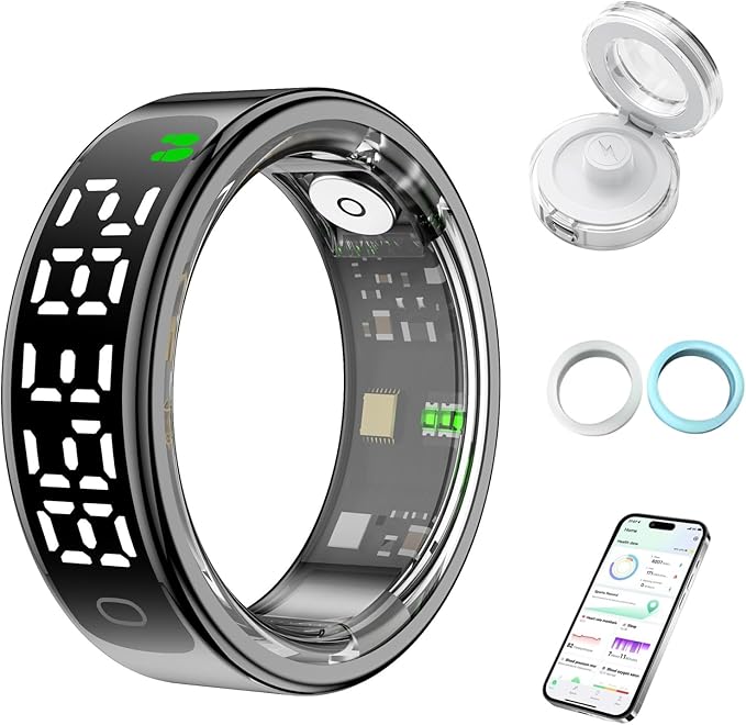 Smart Health Ring for Women Men, Smart Ring Fitness Tracker for iOS Android, Heart Rate, Blood Oxygen, Blood Pressure, Sleep Monitoring,5ATM Waterproof, No Subscription Fee (Black, 13#)