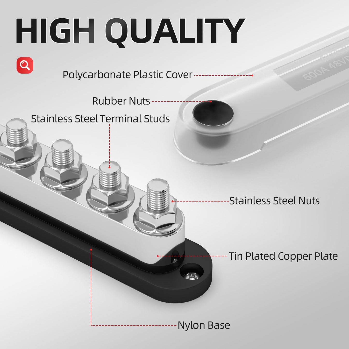 DAIERTEK 600A Power Distribution Block 12V Bus Bar Terminal Block 6 x 3/8" Terminal Studs 12 Volt Marine Bus Bar with Cover Positive & Negative for Automotive Car Boat Solar System