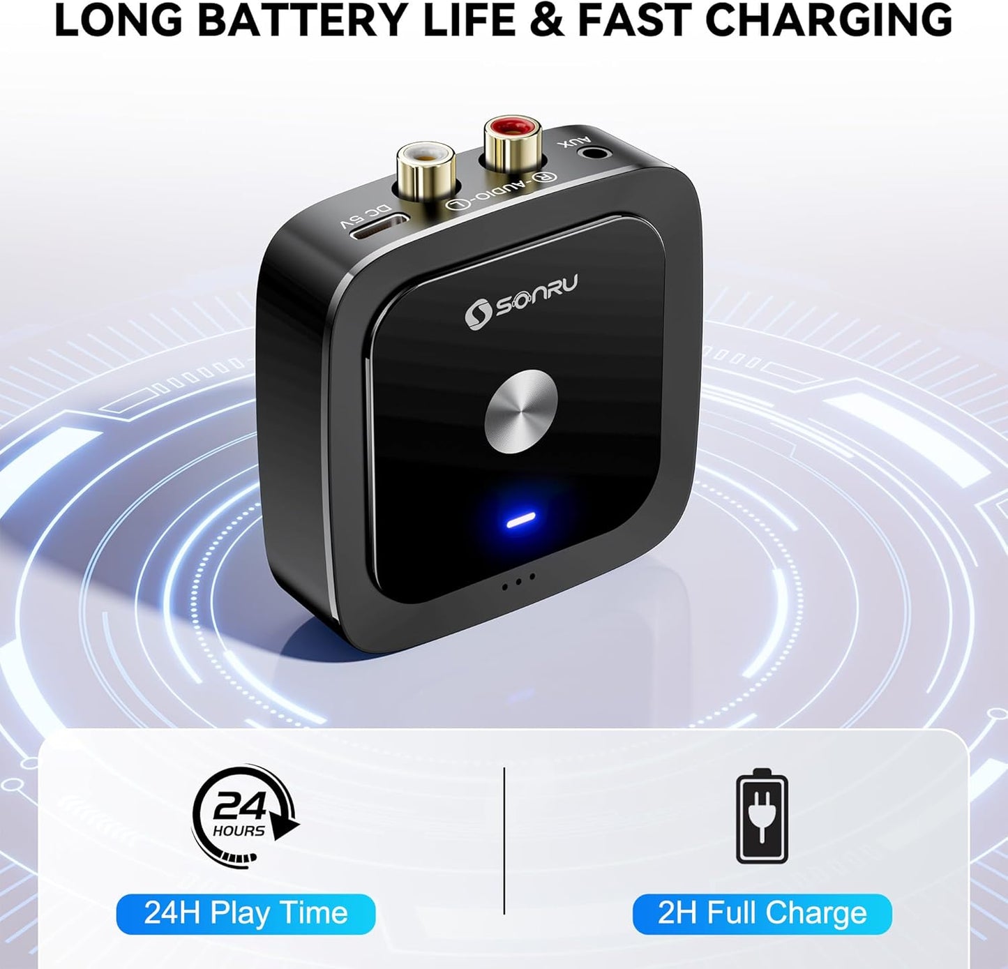 SONRU 6.0 24-Hour 3.5mm/RCA, Bluetooth Receiver, Bluetooth Adapter for Old Receiver, Low Latency, Battery Life with AUX