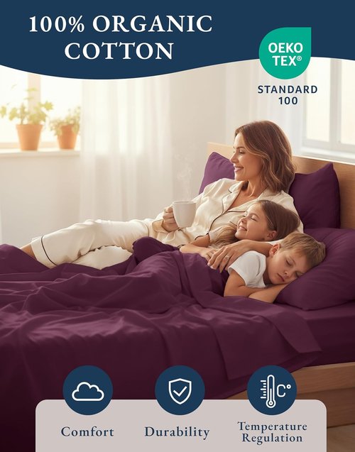LANE LINEN 100% Organic Cotton Queen Sheets - Classic Percale Weave, Breathable & Soft in Windsor Wine