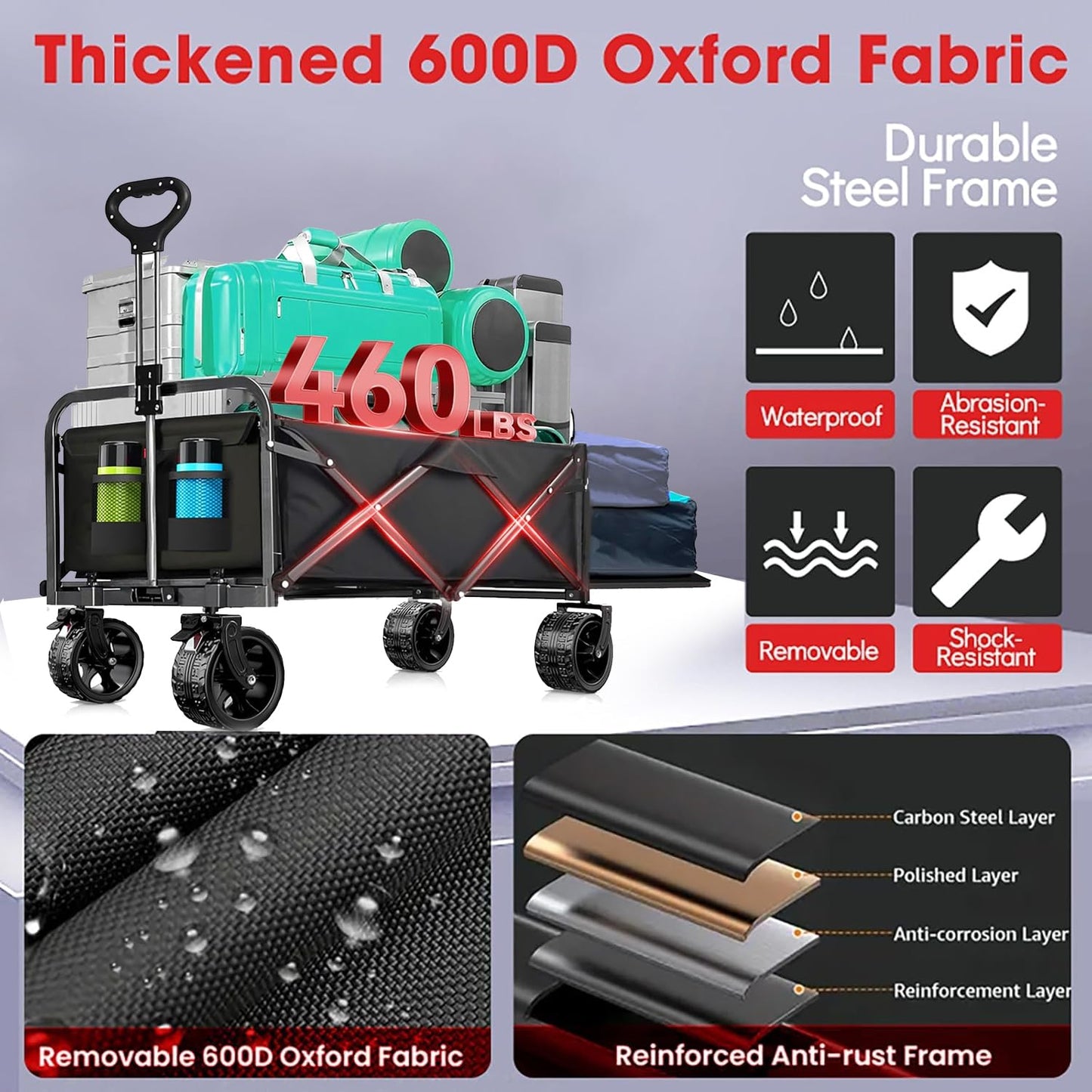 240L Capacity Foldable Wagon with Brakes, 49" Extra Long Extender Wagon Cart 460lbs Heavy Duty Collapsible Utility Cart with All-Terrain Big Wheels for Camping, Shopping, Beach