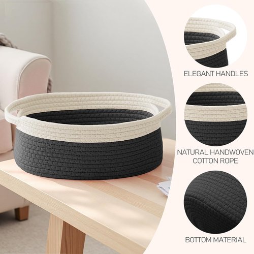JMvicyroam Woven Storage Baskets - Small Rope Organizer with Handles | White & Black, 2-Pack for Gifts & Toys