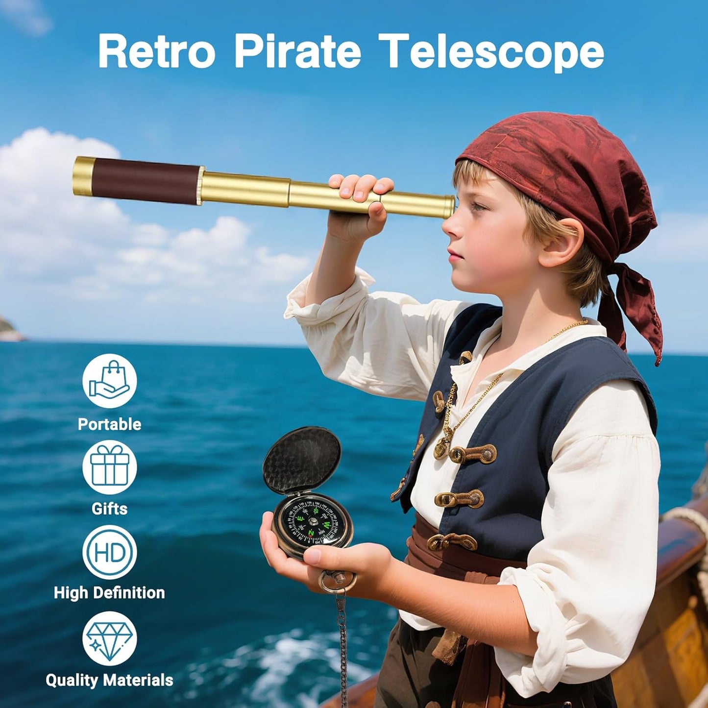 Laupha 25x30 Retro Pirate Telescope Spyglass Portable Collapsible Handheld Telescope Zoom Vintage Monocular Classical
