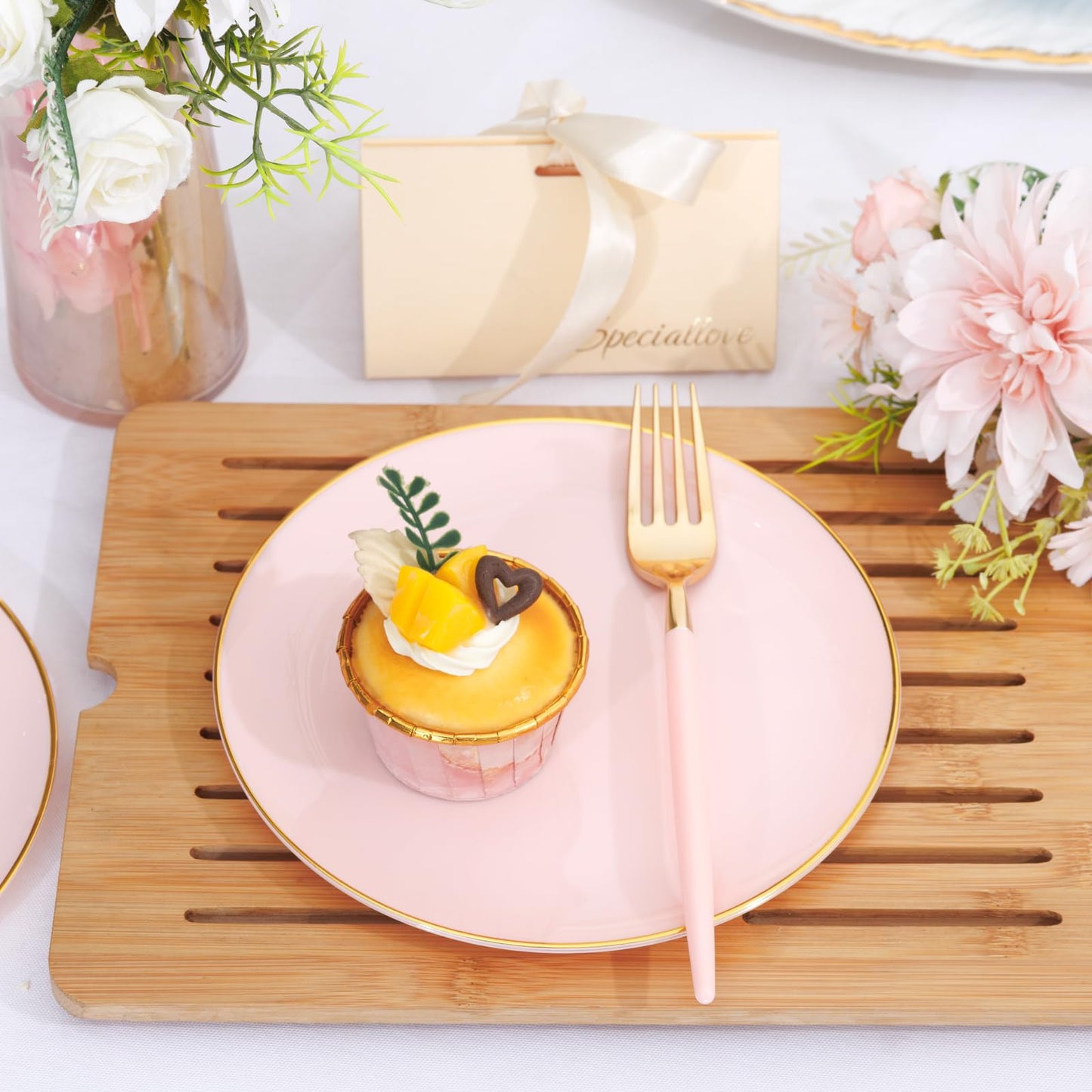 LIYH 96 Pcs Pink Gold Disposable Dessert Plates & Forks Set - 7.5 Inch Salad Cake Appetizer Plastic Plates for Parties, Birthdays, Baby Showers 48 Guests