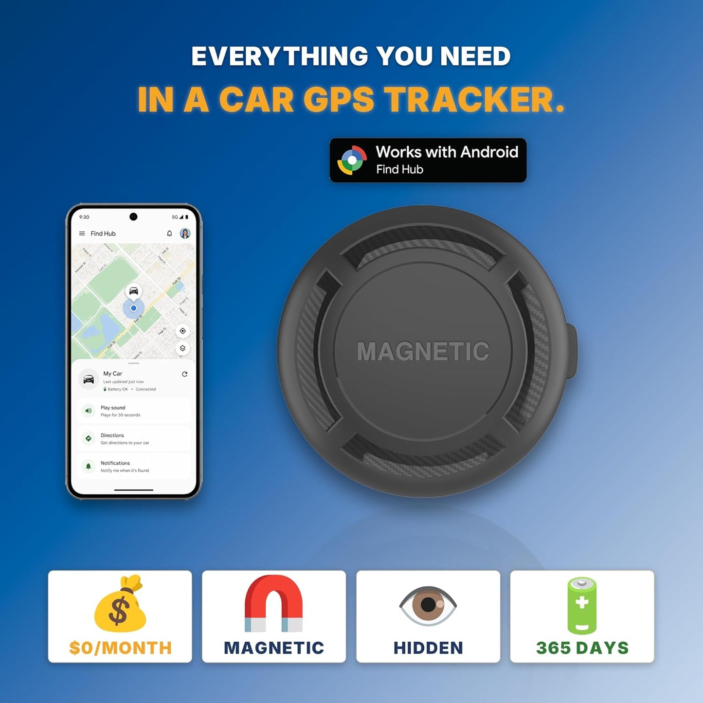 JPBEIDUOYIN IP67, 365 GPS Tracker for Vehicles - Magnetic Car GPS Tracker, No Subscription, Works with Google Find Hub