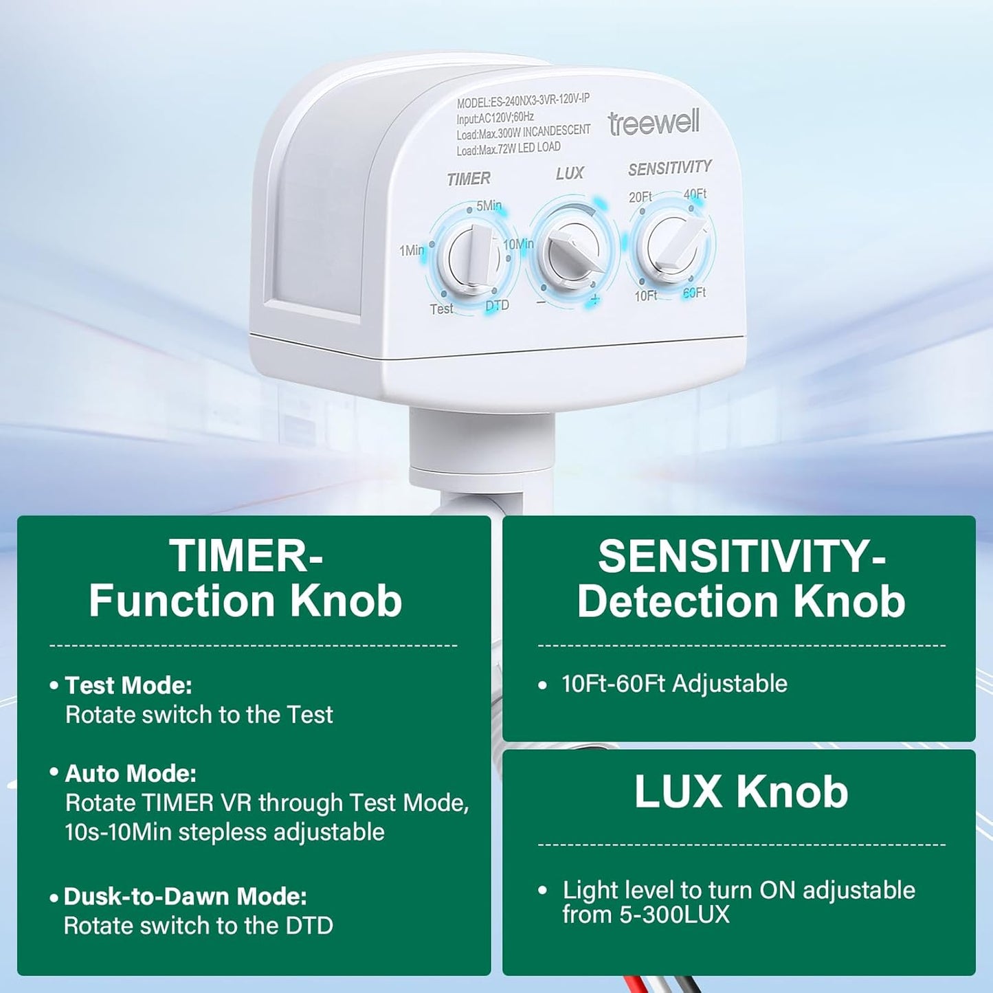 treewell 240-Degree LUX(5-300) 60 3 Replacement Motion Sensor, Adjustable & Time & Detection Sensitivity Up to Feet