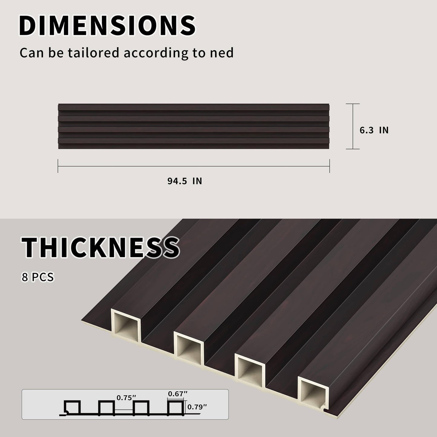 POHARE WPC Slat Wall Panels, 8 Pack Accent Decorative Acoustic Wood Slats for Wall and Ceilings, Acoustic Panels for Interior Wall Modern Décor, Black Brown, 95 x 6 in