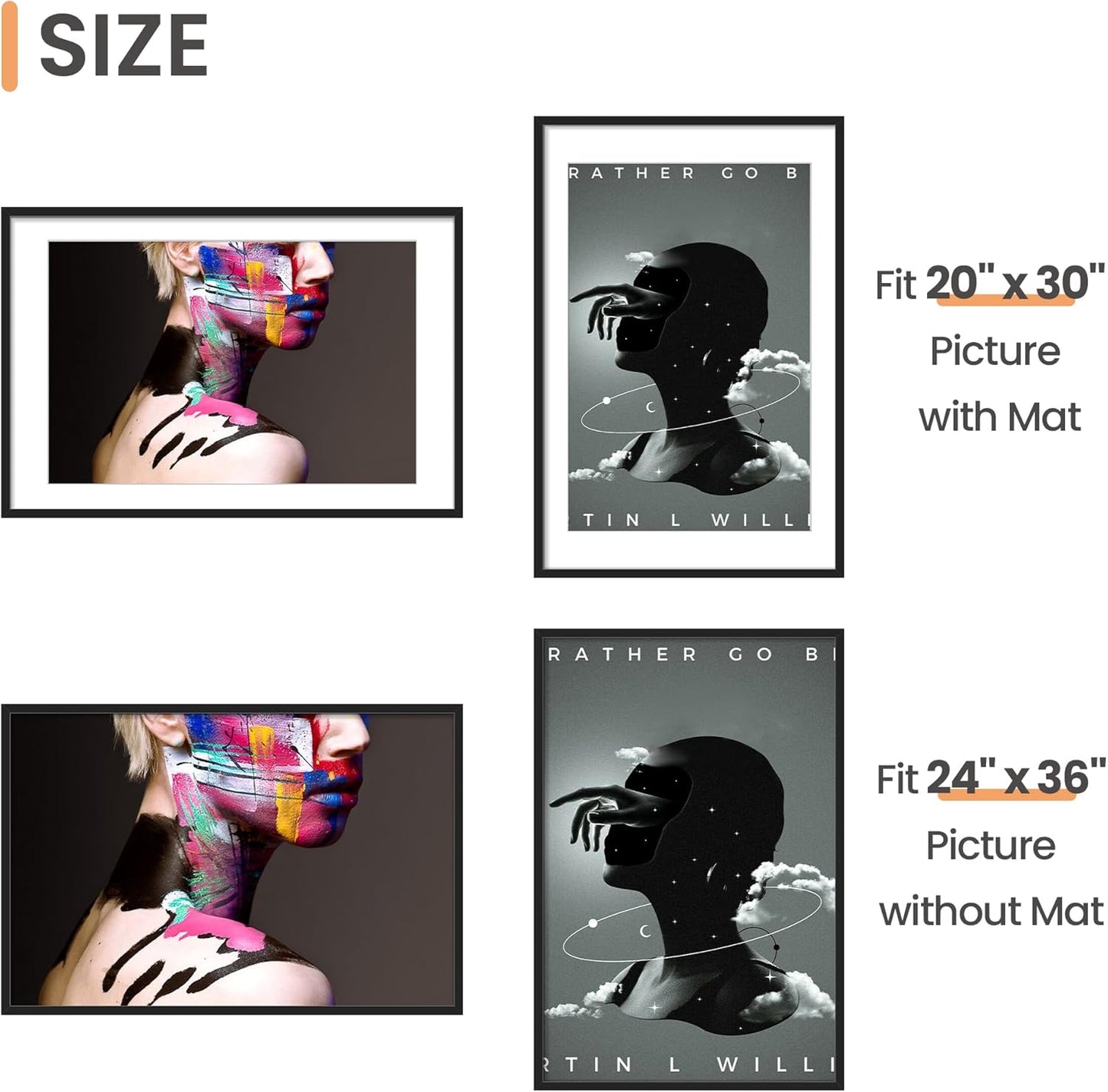 Upsimples 24x36 Poster Frame - Versatile Display for 20x30 with Mat or 24x36 Without - Black, 1 Pack