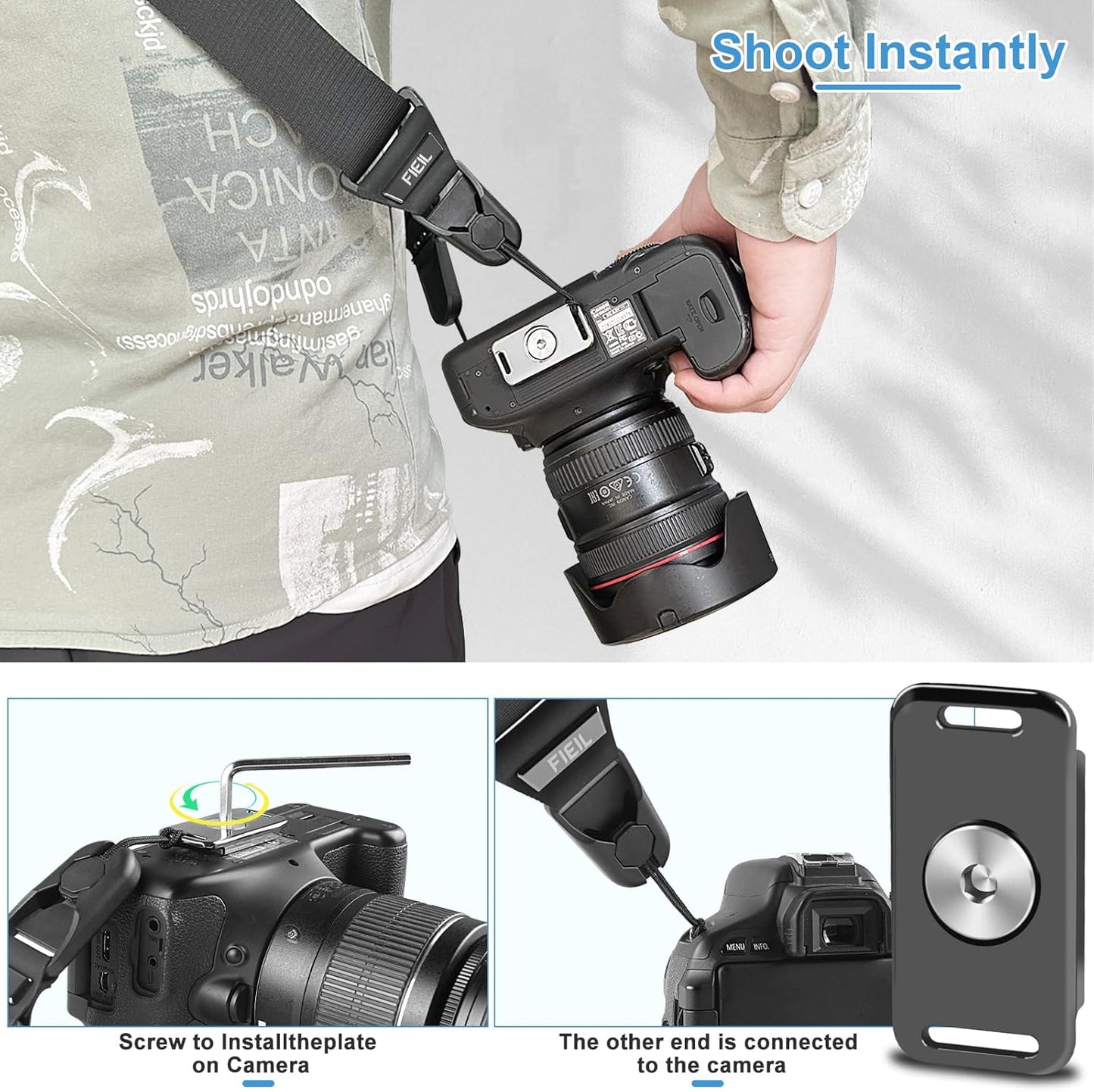 FIEIL Camera Strap with Quick Release Plate, Adjustable Camera Neck Strap, Comfort Camera Sling Strap, Quick Release