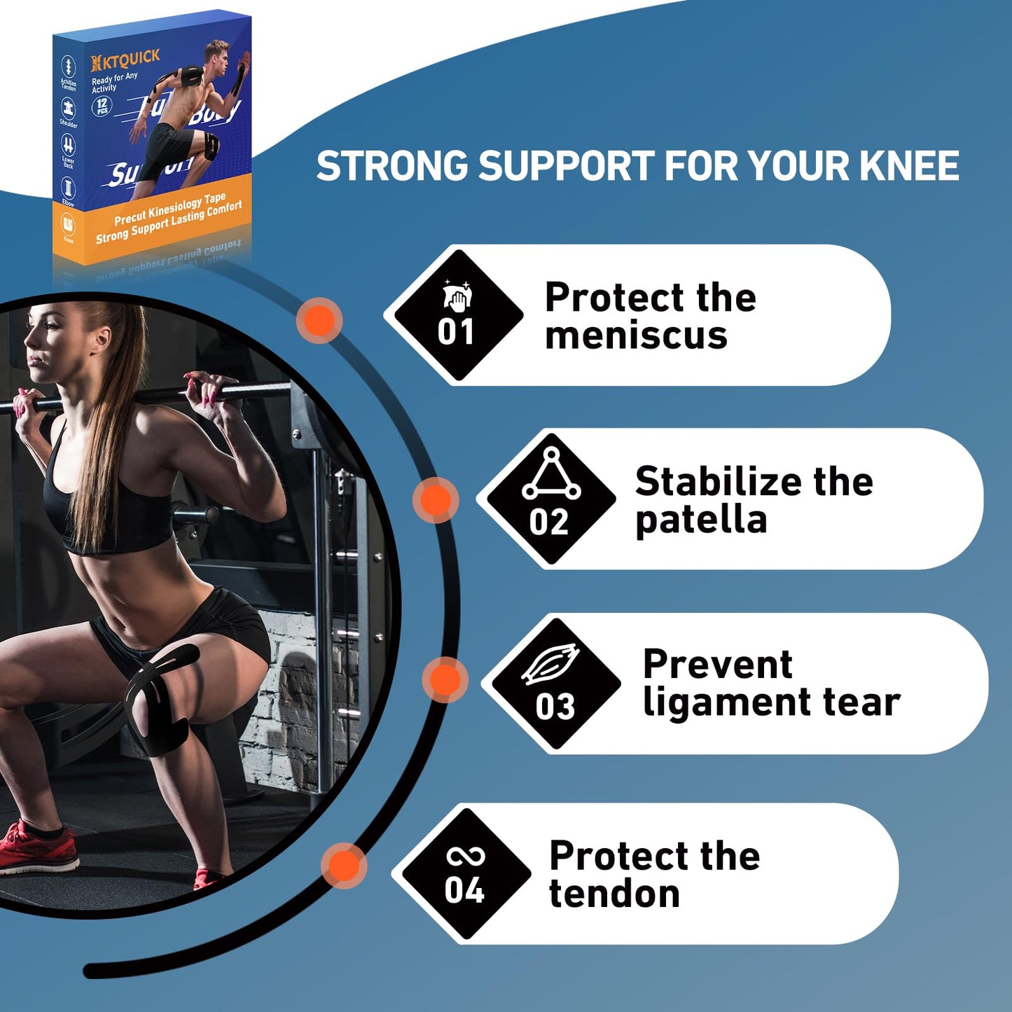 PreCut Kinesiology Tape for Knees, 24 PCS Waterproof KTQUICK Knee Tape for Knee Pain Relief Pre Cut, Original Cotton Athletic Knee Tape, Waterproof & Hypoallergenic Latex-Free for Sports (Black)