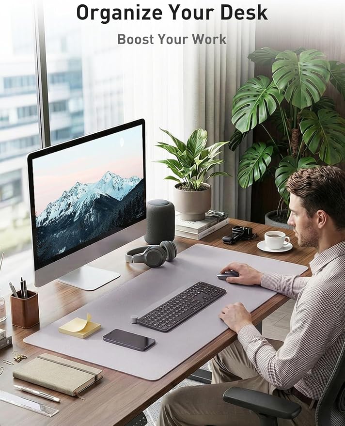 Aothia Faux Leather Desk Mat - Non-Slip PU Leather Desk Blotter, Waterproof Writing Surface, Large Desk Pad for Office & Home (Smoky Lavender, 55" x 24")