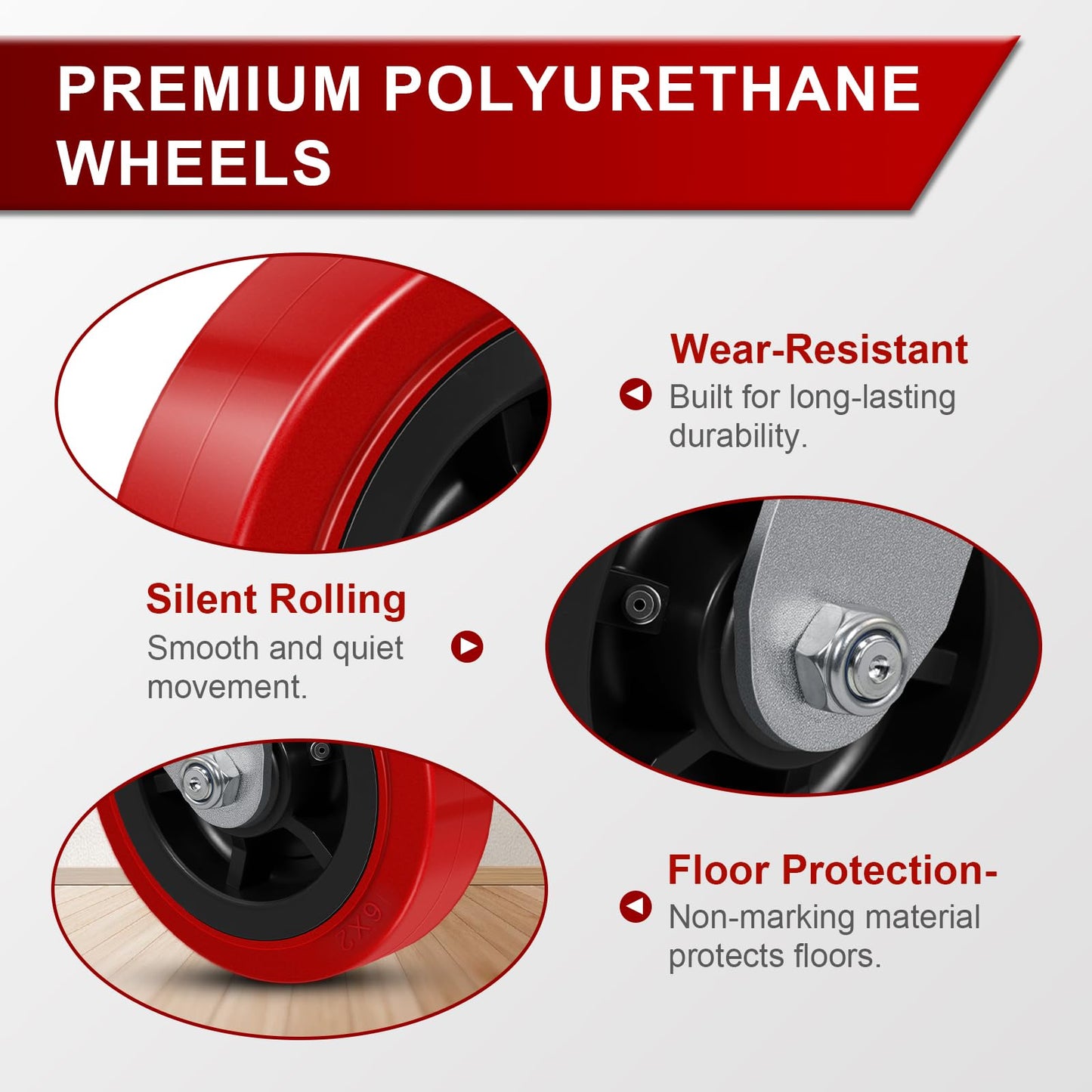 8"x 2" Heavy Duty Industrial Casters, Polyurethane on Polyolefin Core Wheel- Capacity up to 6000 Lbs (Set of 4), Use for Platform Truck, Industrial Equipment (4 Brake)