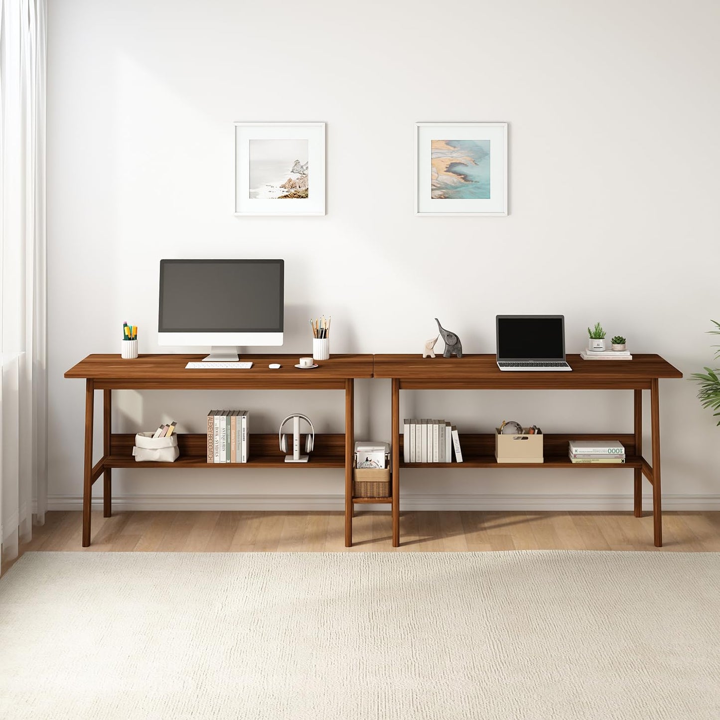 NELYE 2-Person Writing Desk with Bookshelf - 110" Wooden Extra Long Home Office Work Table, Double Study Computer Workstation with Storage Shelves in Walnut, 110" W x 24" D
