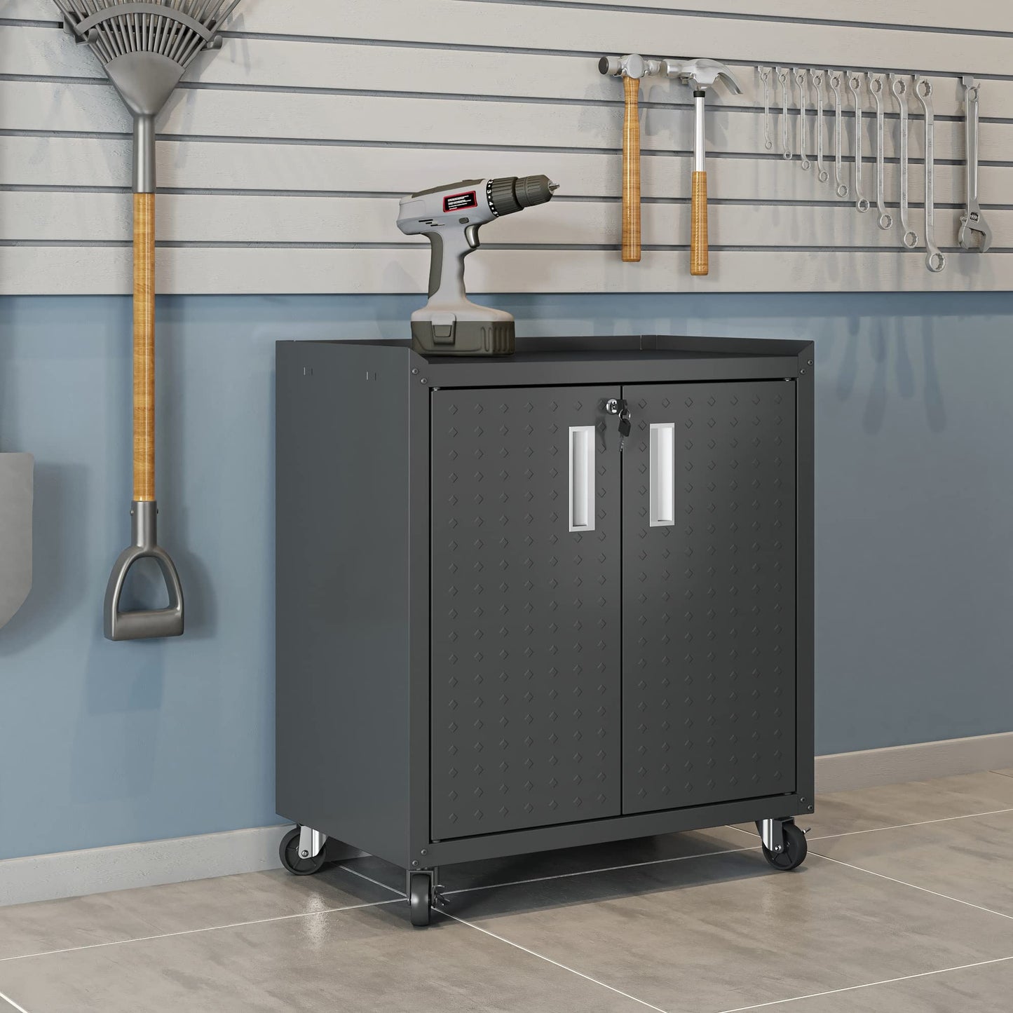 Manhattan Comfort Fortress Rolling Garage Storage Cabinet with 2 Adjustable Shelves, Lockable Metal Tool Compartment, Heavy-Duty Mobile Utility Organizer with Wheels, Charcoal Gray