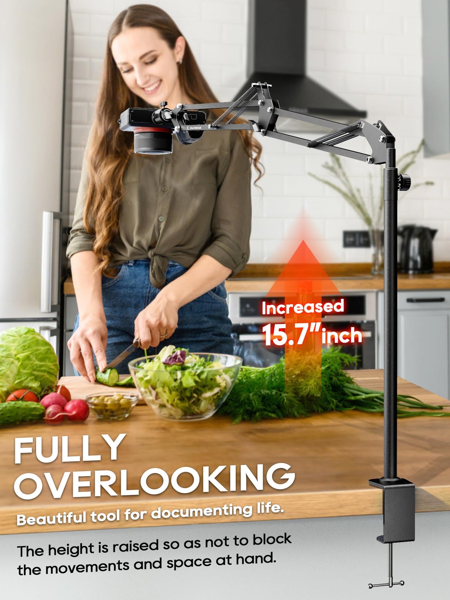 Overhead Camera Mount, Desk Camera Mount with Articulating Arm, 5lb Load Capacity, 360° Adjustable Stand for Phone/DSLR/Webcam, C-Clamp Tabletop Mount for Video Recording, YouTube, Live Streaming