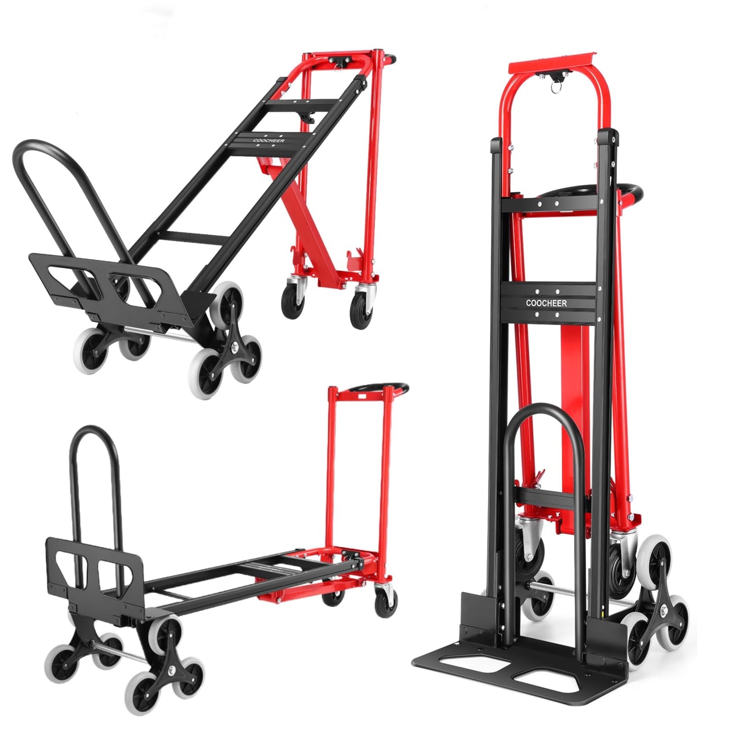 Heavy Duty 1000LBS Stair Climbing Dolly, 3 in 1 Convertible Hand Truck, Folding Hand Truck Dolly Cart with Solid Wheels for Moving/Travel/Office (Red)