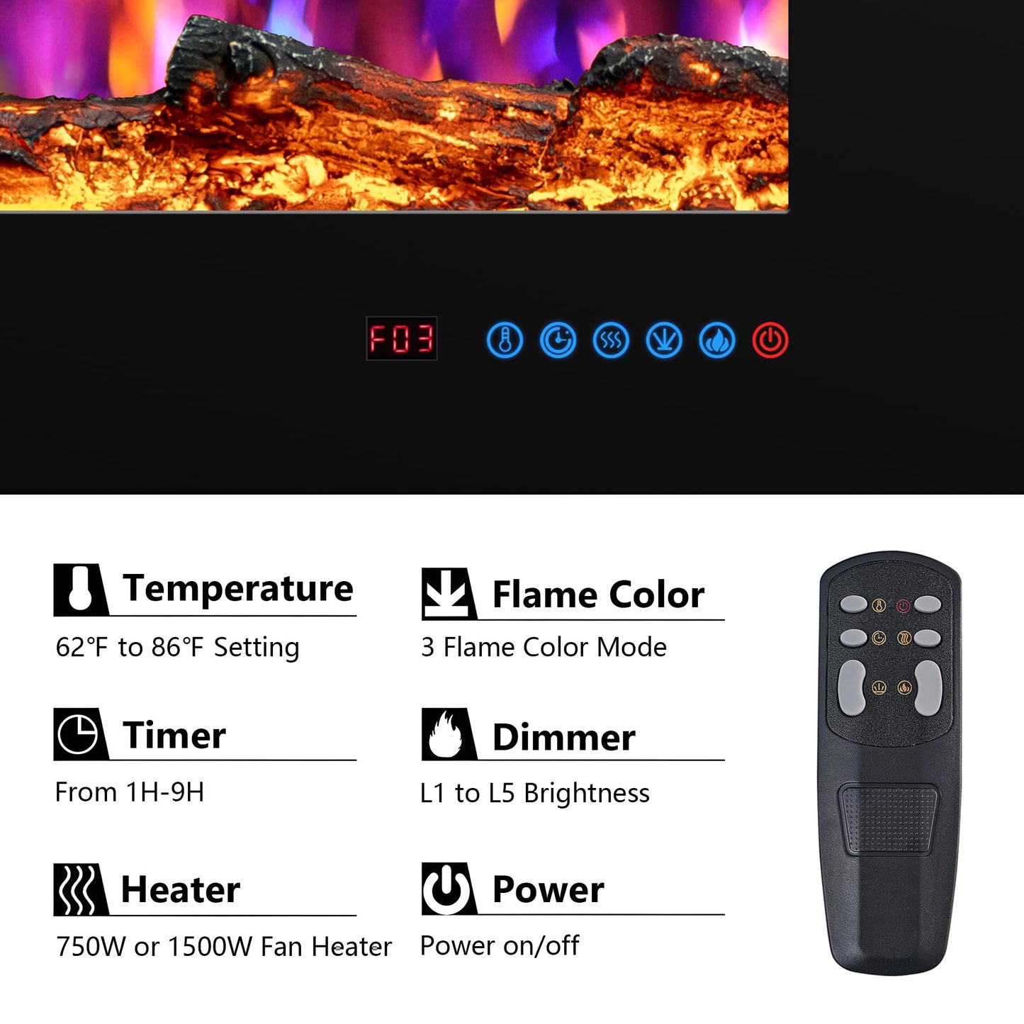 Valuxhome 45" Electric Fireplace Heater for Living Room,Timer, Overheating Protection, 5100BTU,Touch Screen, Black