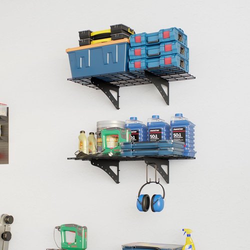 Garage Shelving | Wall Mounted Heavy Duty Set of 2 - 2 x 4 ft Floating Storage Racks, Black, 250 lbs Capacity