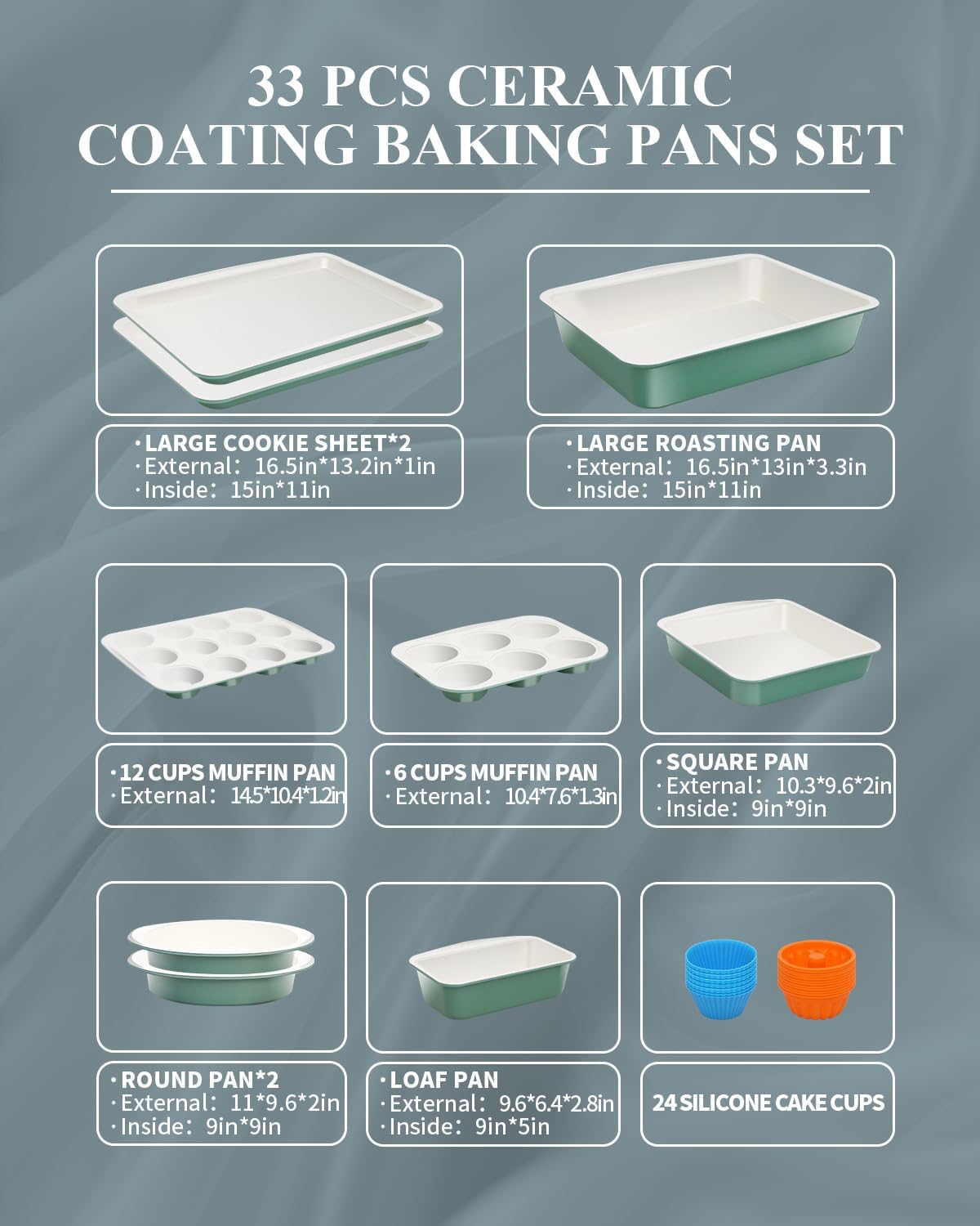 Skiennix Ceramic Nonstick Baking Pans Set - 33 PCS Stackable Bakeware, 550°F Oven Safe, Dishwasher Safe, Green