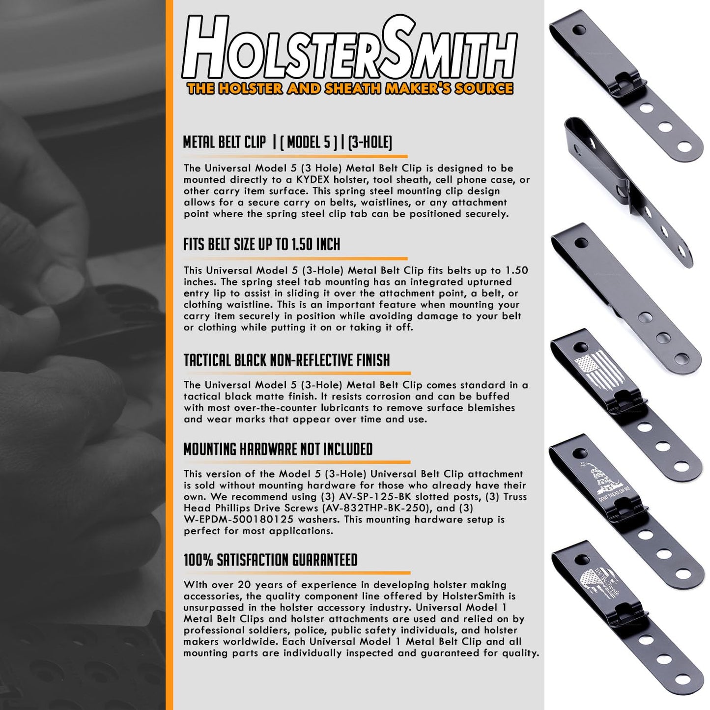 HolsterSmith Universal Metal Belt Clip for Holster Making - (Model 5) - (3-Hole) - (Tactical Black) - (w/Don’t Tread On Me Engraving) - (1 Pack)