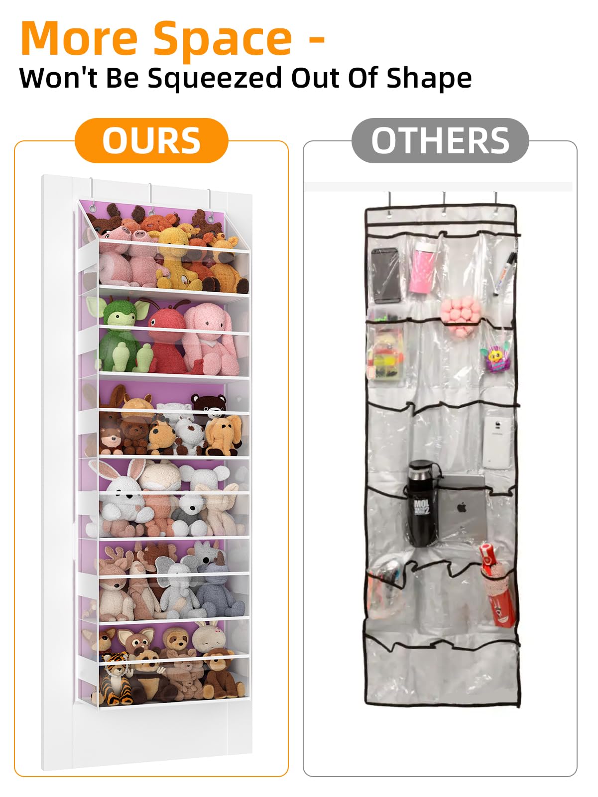 Wakaye Over the Door Organizes- 6 Tier Stuffed Animal Storage, Bathroom Organizers and Storage, Swing-proof Hanging Organizer for Toys/Nursery Newborn Baby Essential Stuff (Clear-pink)