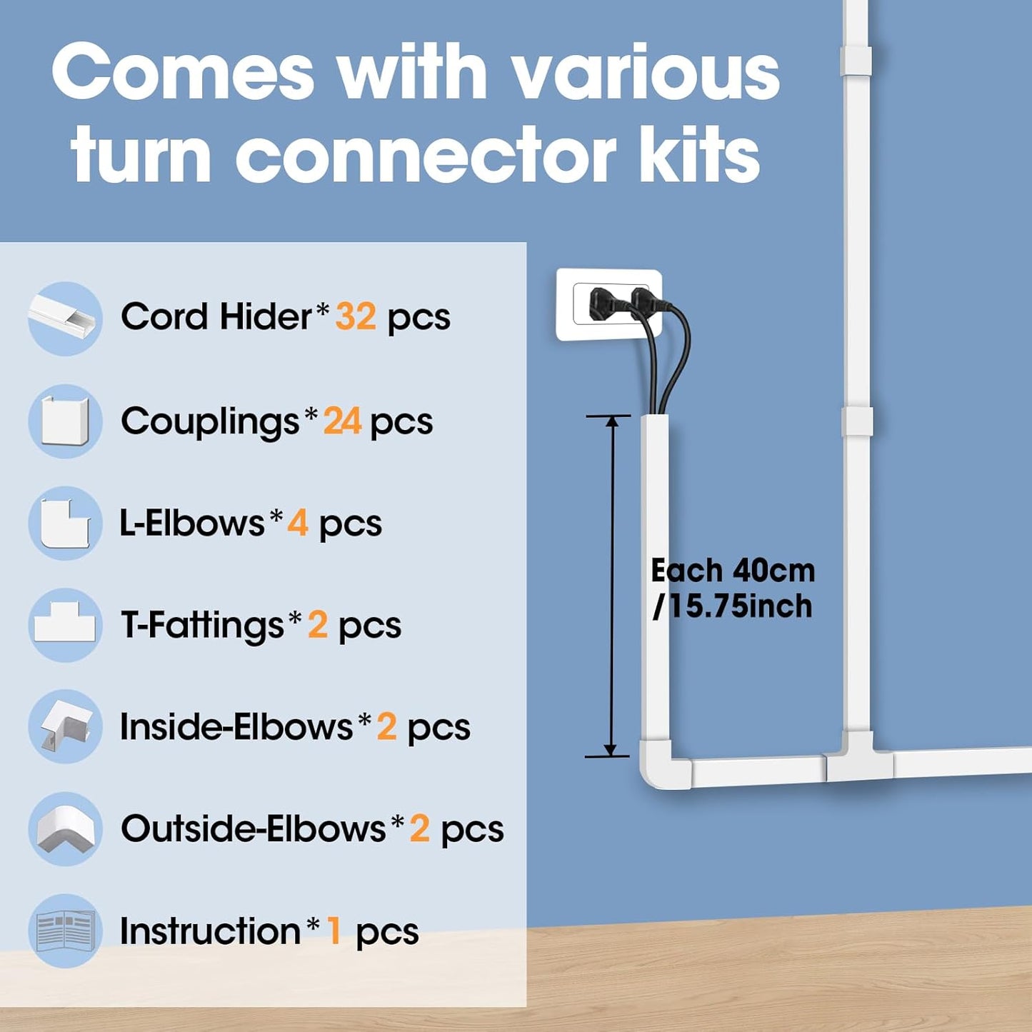 YesBes 500in 32X L15.75 W0.96in H0.57in, Cord Hider Kit, Cord Covers for Wires on Wall, Paintable Cable Raceway, Cord