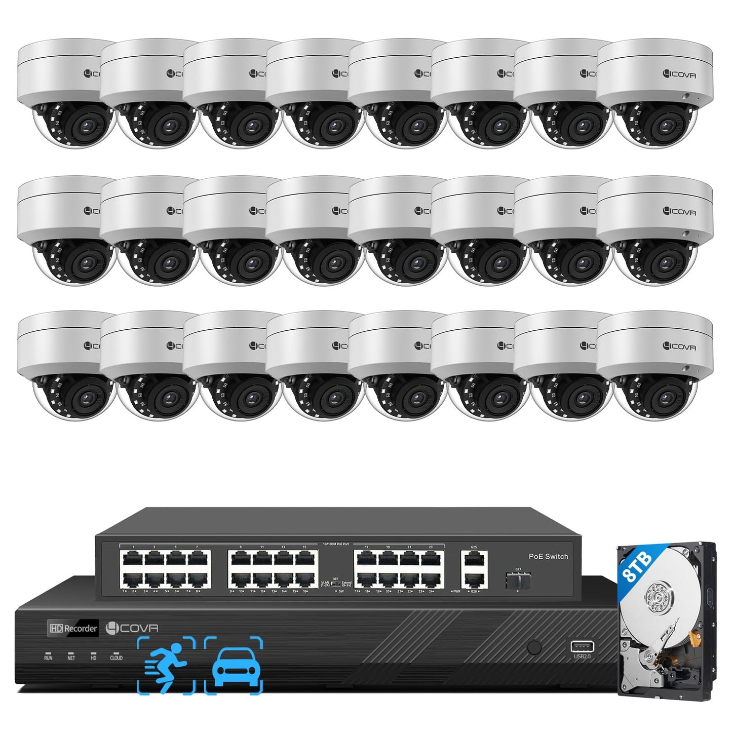 4COVR 4K 32 Channel Security Camera System PoE with Mic, 24X 8MP IK10 Vandal-Proof Dome IP Camera IP67, AI Person Vehicle Detection, 4K UHD NVR 8TB HDD, Commercial Surveillance Outdoor, LY54AX8M3224