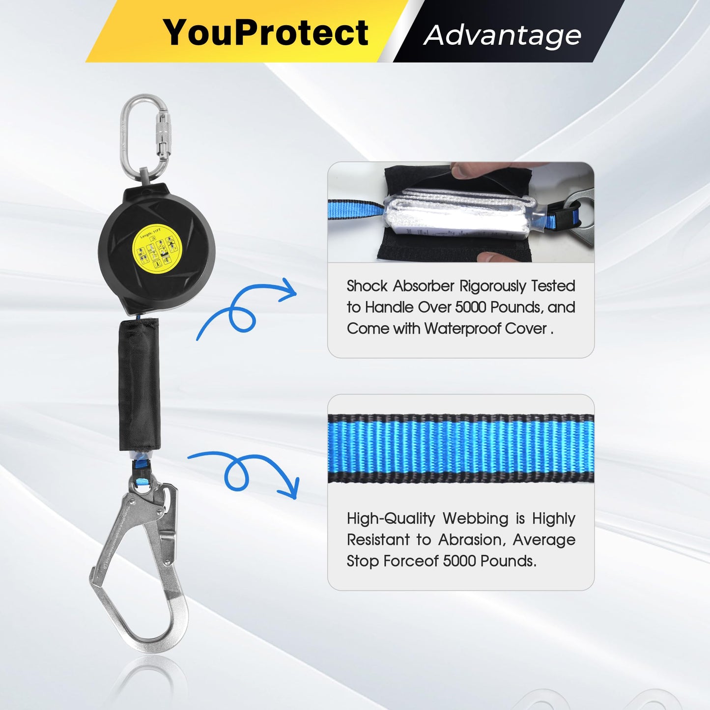 11FT Self Retracting Lifeline Fall Protection Retractable Lanyard, Fall Arrest Safety Yoyo for Construction Industrial - OSHA/ANSI Compliant (Large Hook)