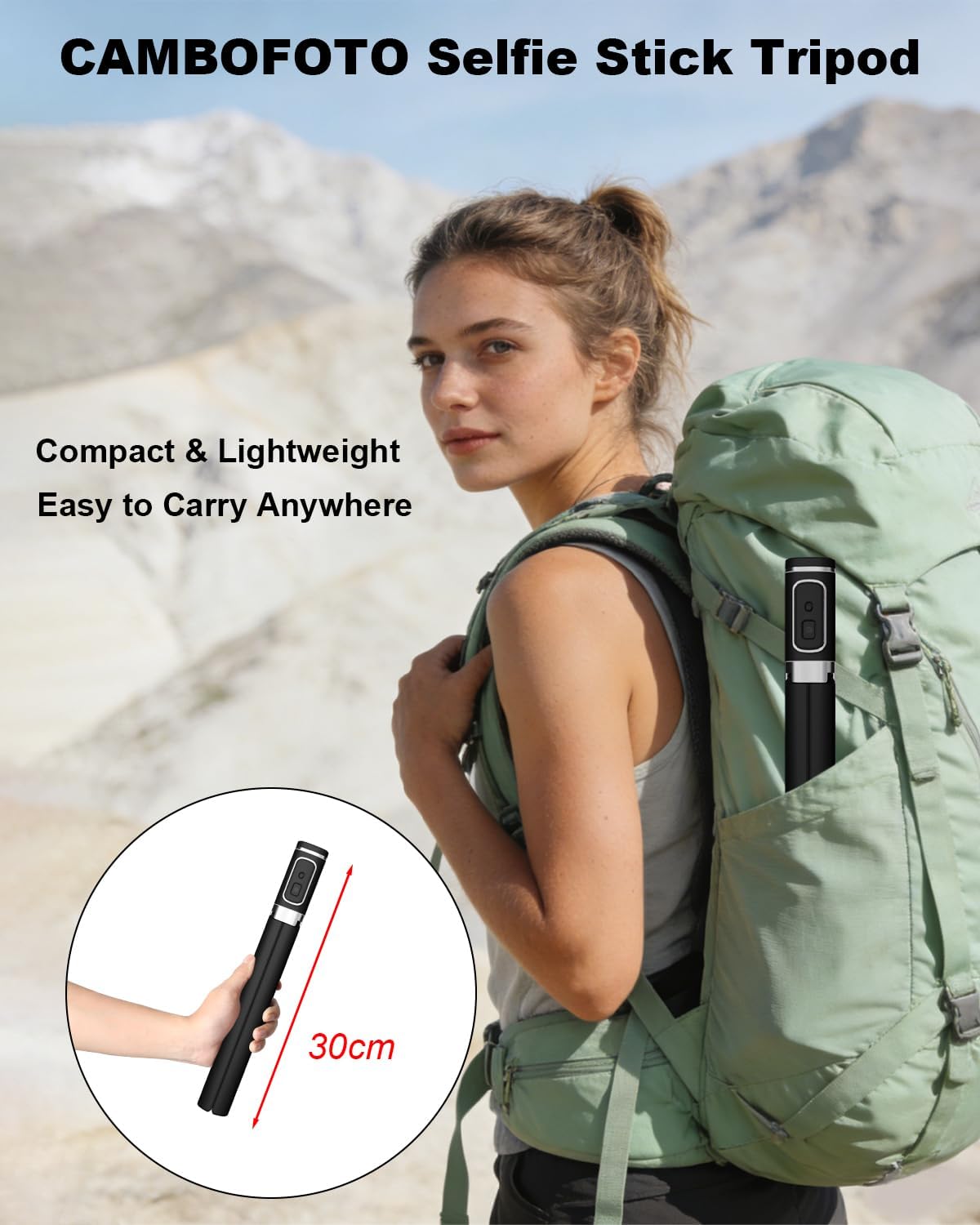 CAMBOFOTO 360 2-in-1 Selfie Stick Tripod,Compact Stand Stable, Rotating Head, Design for Selfies & Hands-Free Shots