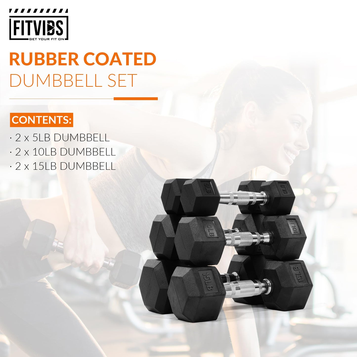 Fitvids Hex Dumbbells Rubber Coated Hand Weights Set for Exercises and Fitness, Strength Building & Full Body Workout, 5-15LB Pair - Black