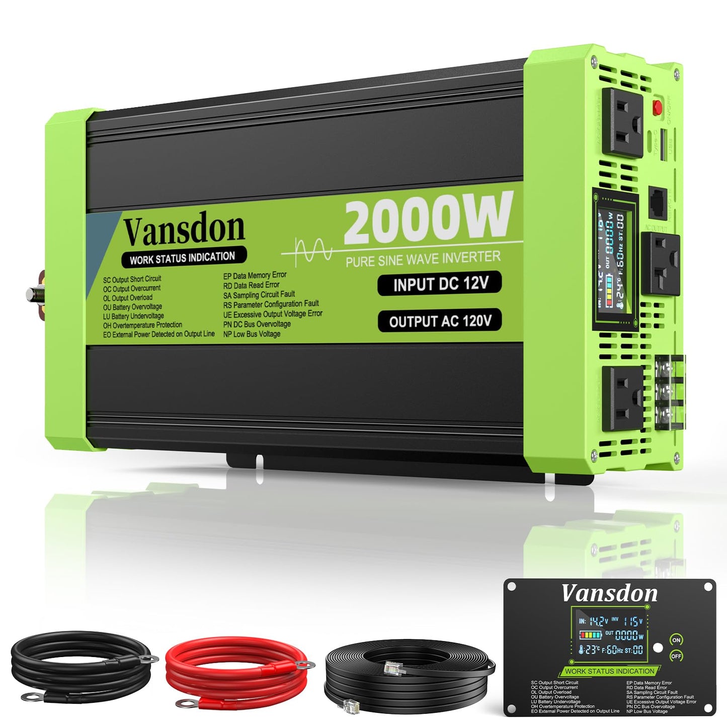 Vansdon 2000W Pure Sine Wave Inverter 12V DC to 120V AC Inverters for RV,Truck, Solar, Home, Off-Grid, Car Power Inverter with LCD Display, 3 AC Outlet, 30W USB-C, USB, Remote Control, Surge 4000W