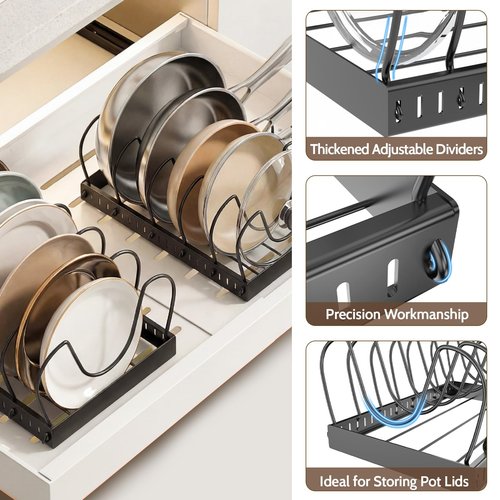 2PACK Pot Lid Organizers Inside Cabinet for Kitchen, Pots and Pans Organizer Under Cabinet with 16 Adjustable Dividers, Countertop Lid Holder, Rust-Resistant, Tool-Free Installation, Easy to Clean