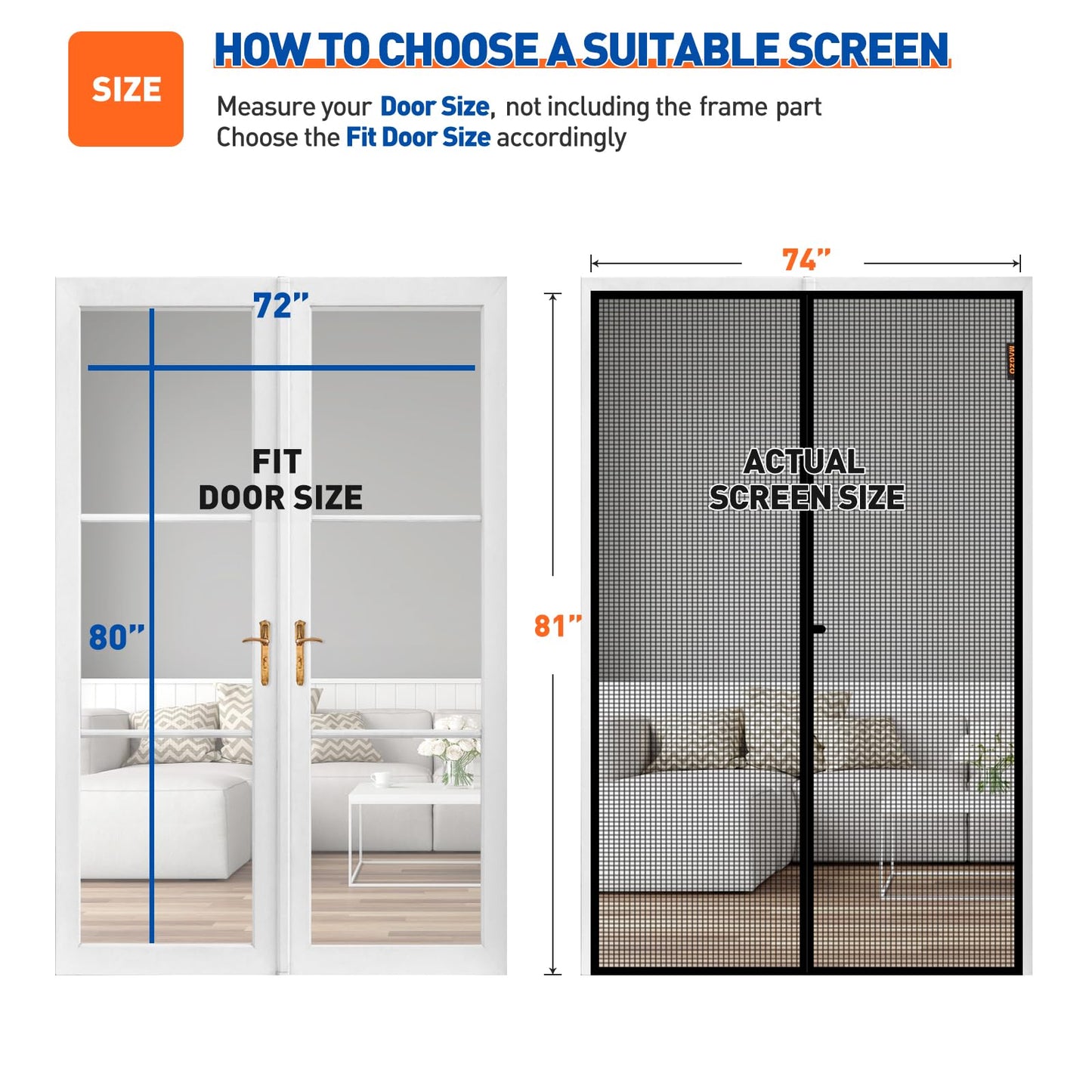 MAGZO Magnetic Screen Door Fit Door Size 72 x 80 Inch, Screen Size 74" x 81" French Door Screen with Full Frame Hook&Loop Black