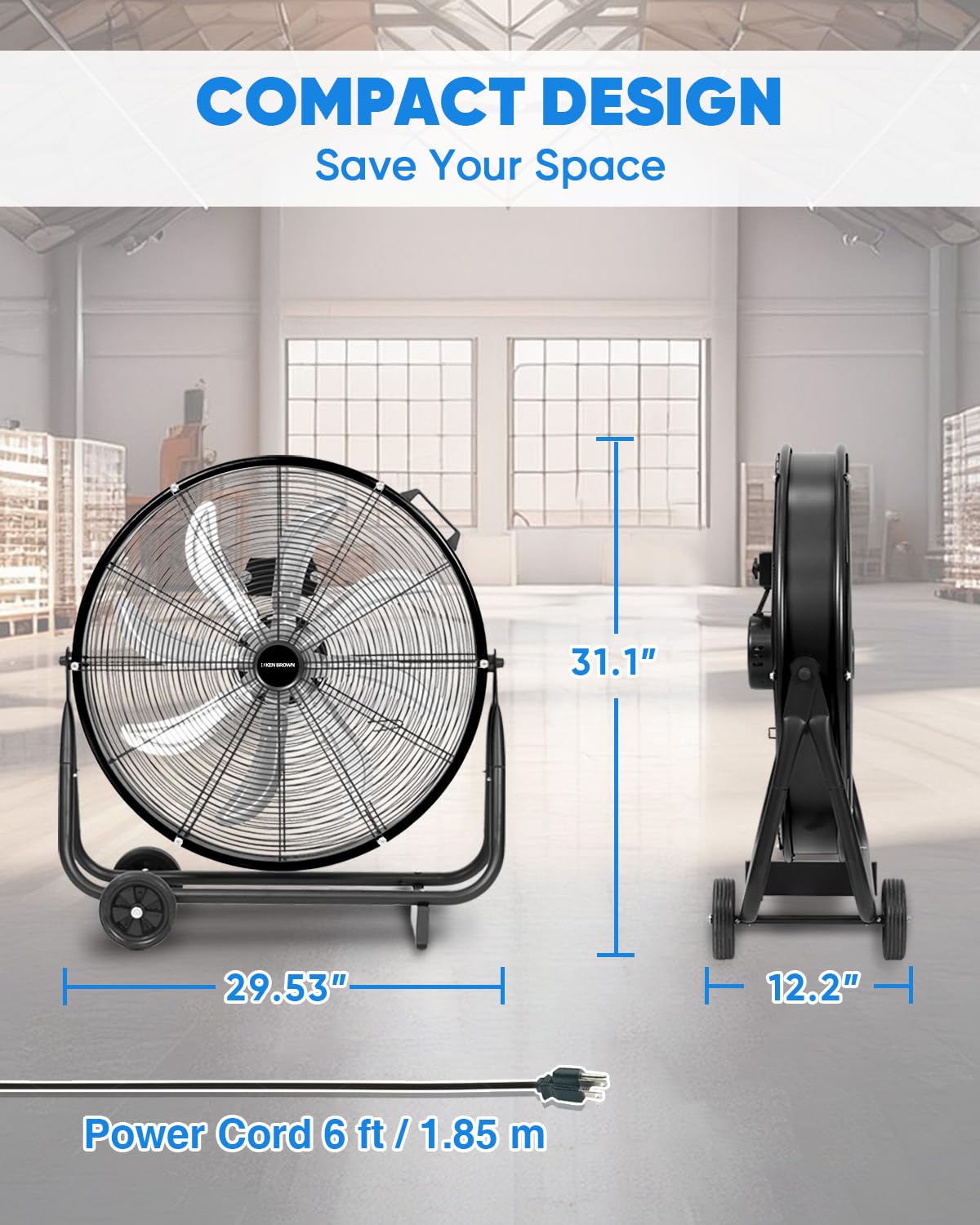 KEN BROWN 24 Inch Industrial Drum Fan, High Velocity Floor Shop Fan, Heavy Duty, 9500 CFM, 8 Blades, 3 Speeds, 360 Degree Tilt, Ideal for Industrial, Commercial, Gym, Garage Use, Black