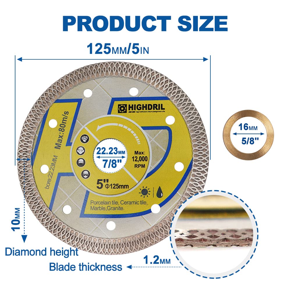 HIGHDRIL Diamond Drill Bits Kit with 5/8-11 and HIGHDRIL Diamond Saw Blade - 5 Inch Diamond Tile Blade Disc