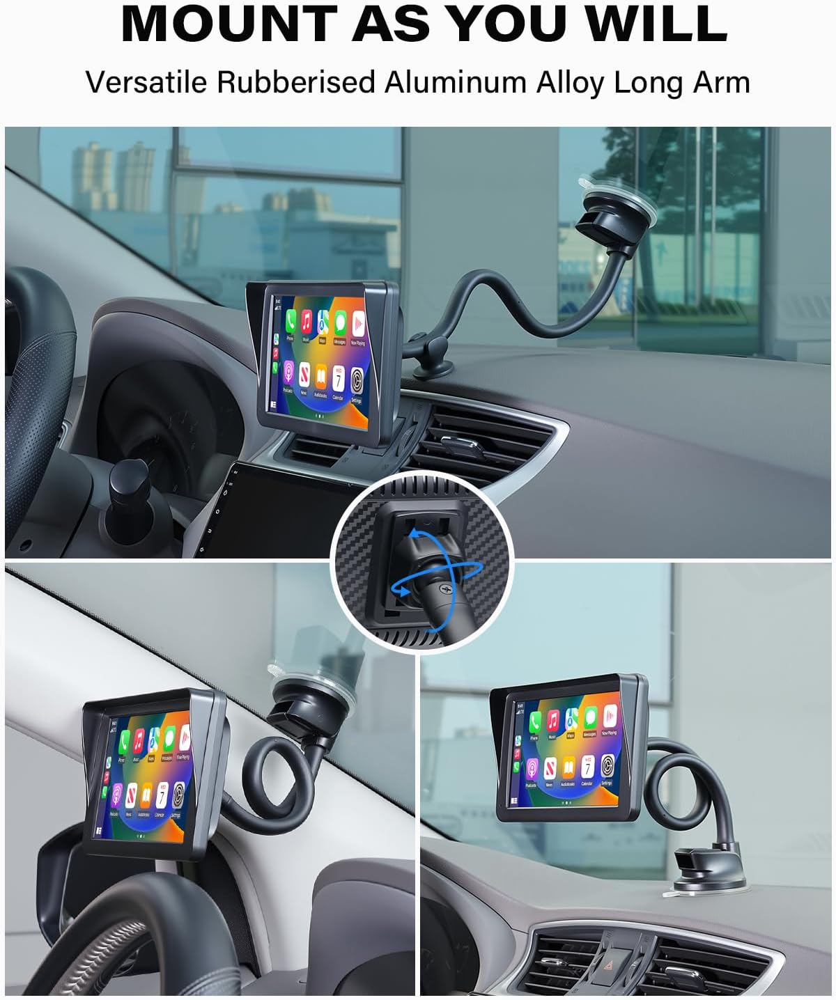 1Zero 14-Inch 7-11 Inch Windshield CarPlay Mount for Car, CarPlay Holder Mount with Long Arm, Flexible & Bendable