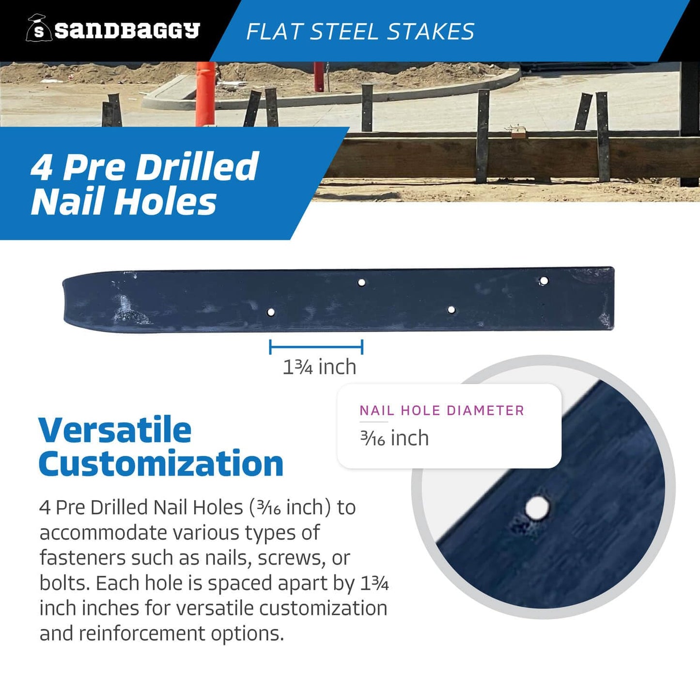 Sandbaggy 12" Flat Steel Stakes for Concrete Forms with Nail Holes - 1.5" Wide - Painted - Removable, Reusable, V Point End - Construction Grade Stakes (50, 12 inch)