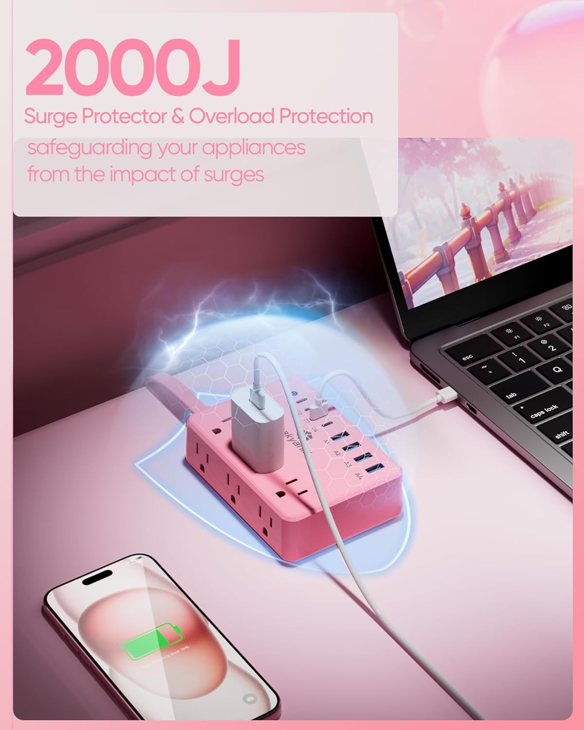 kakyanill 6 8 Ports(4 2000J 5ft Pink Power Strip, AC Outlets USB USB C) with Surge Protector, Flat Plug Pink Extension