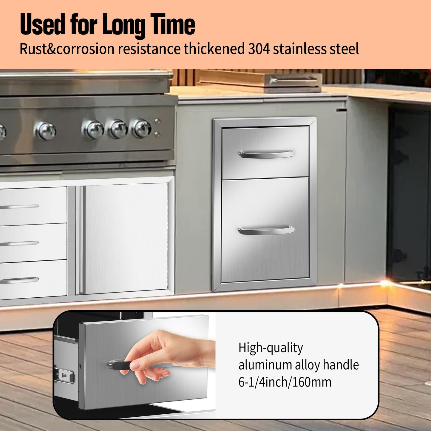 KODOM Outdoor Kitchen Double Drawers 13W x 20H x 21D Inch, Flush Mount Access BBQ Island Drawers for Outdoor Kitchens or Patio Grill Station