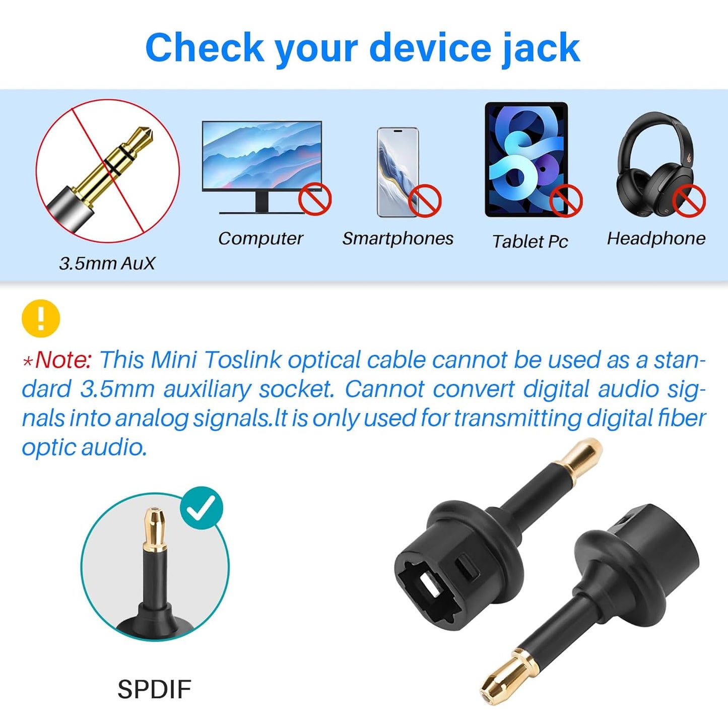 Togconn (3.5mm 2 Pack, 3.5mm Toslink to Mini Toslink Jack) Audio Adapter Toslink Female to Jack Mini Male S/PDIF